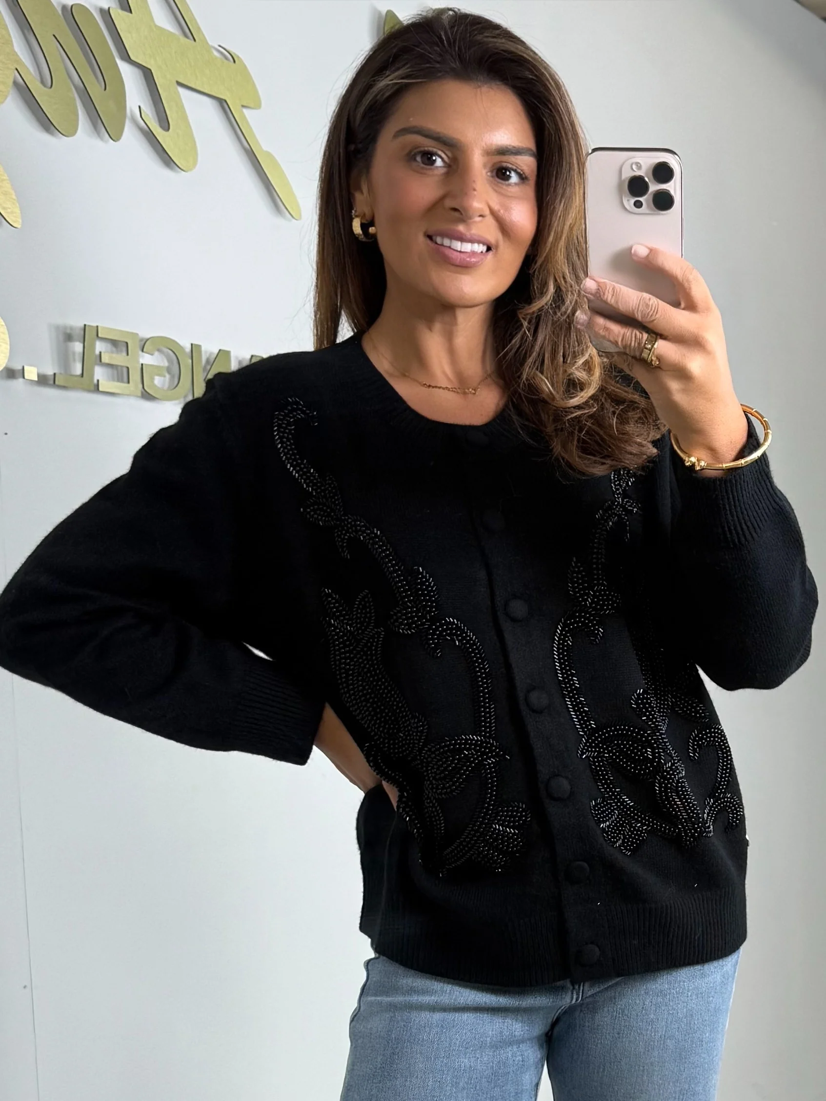 Black Beaded Detail Cardigan - Image 3