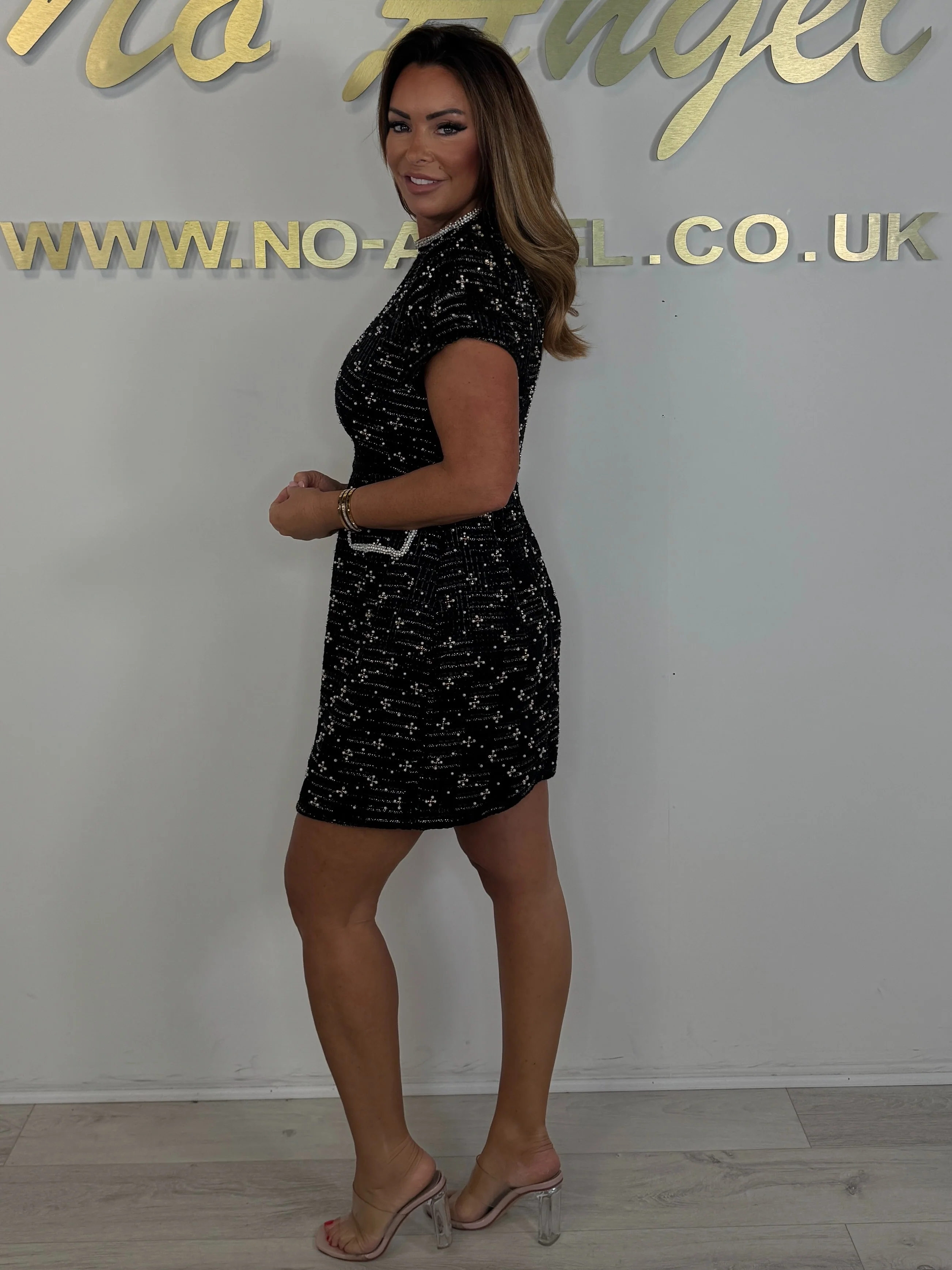 Black Flower Jewelled Detailing High Neck Short Sleeve Mini Dress - Image 3