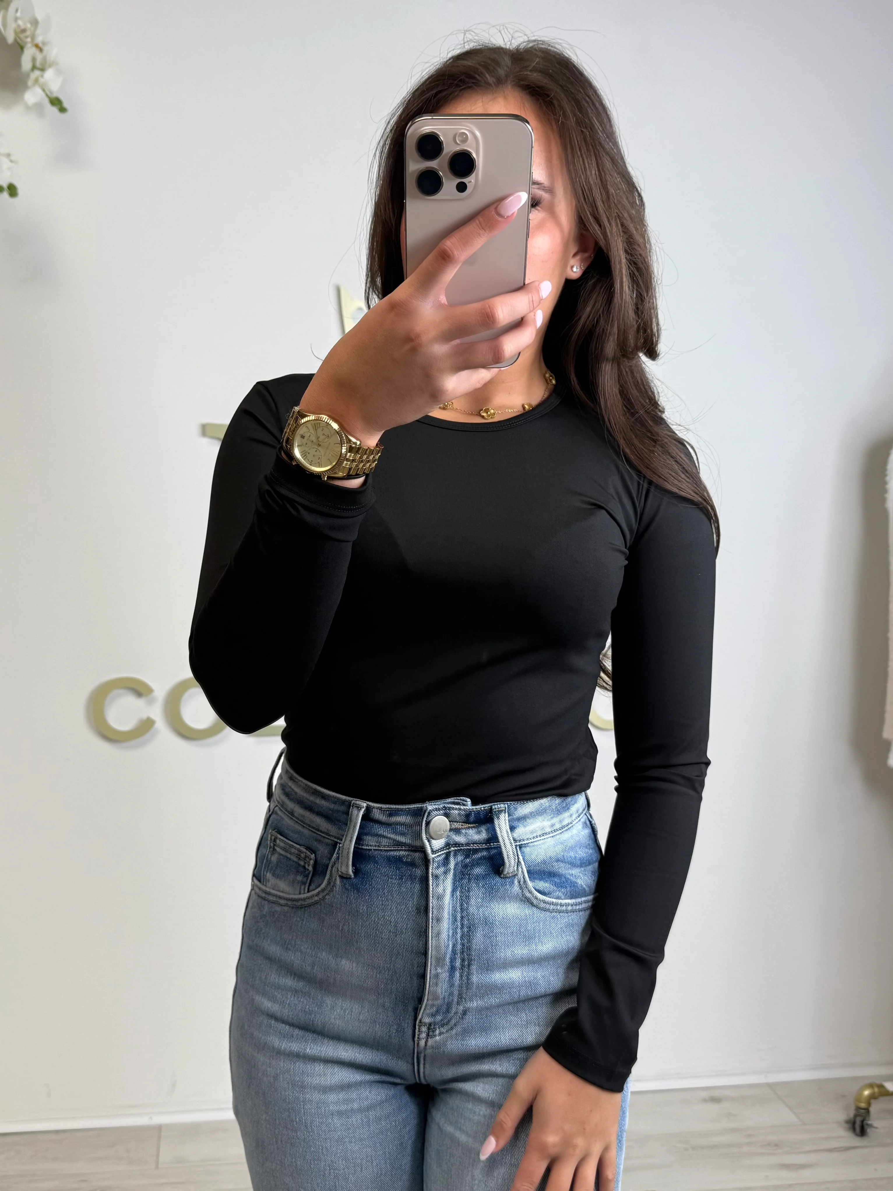 Black Round Neck Thick Lycra Long Sleeve Top - Image 3