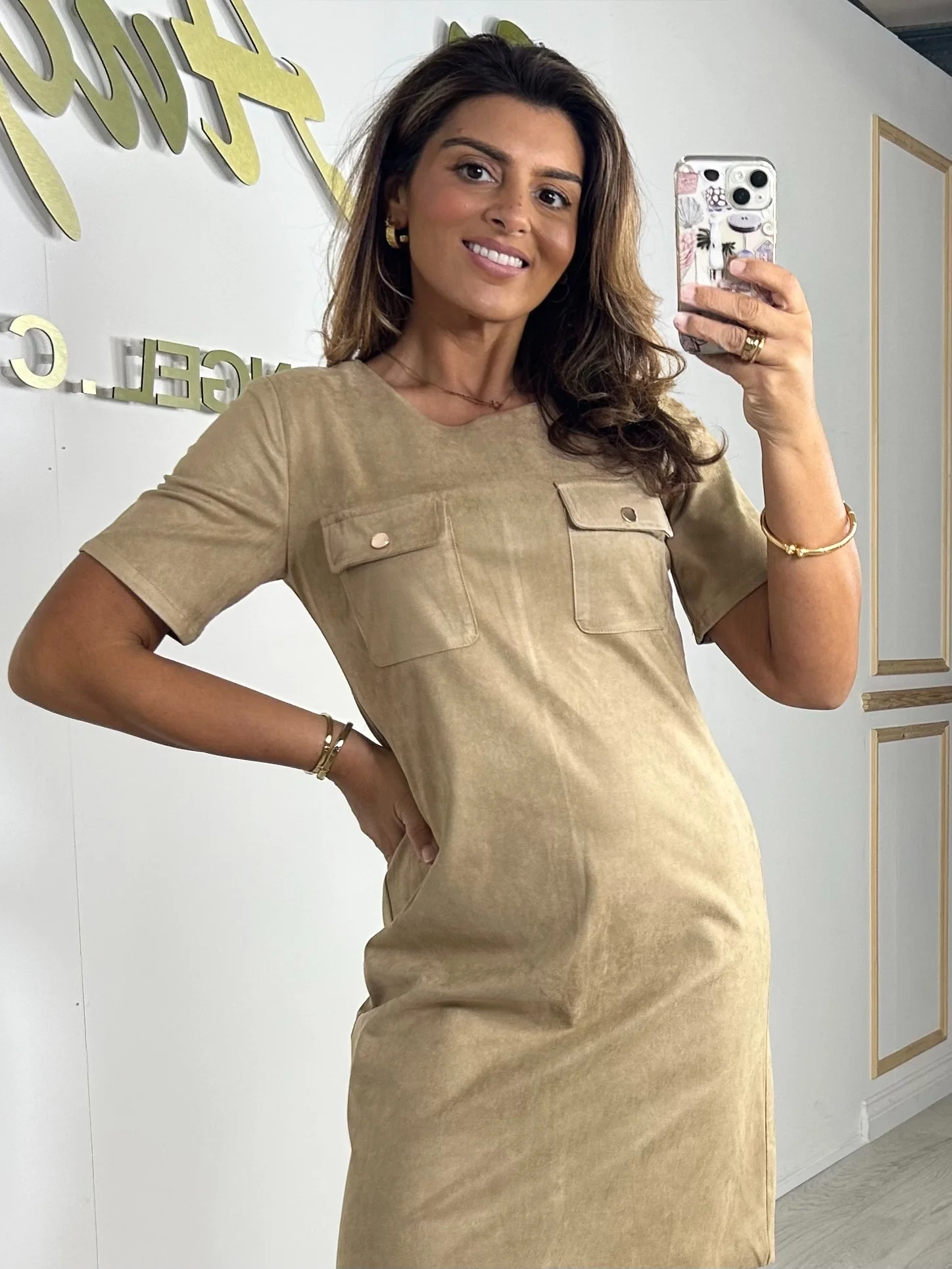 Camel Suedette Gold Button Pocket Detail Mini Dress - Image 3