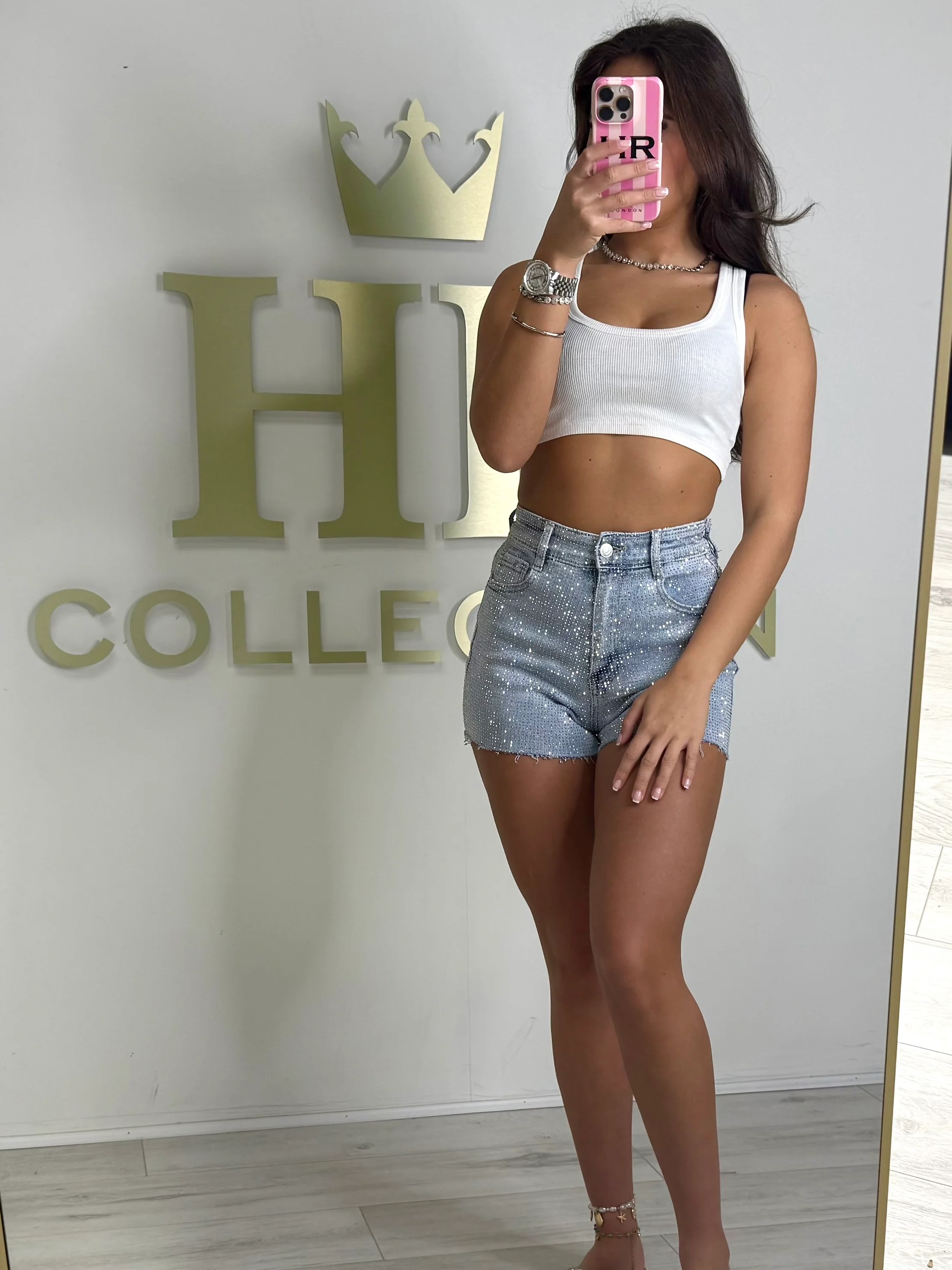 Diamante Jewelled Denim Shorts - Image 3