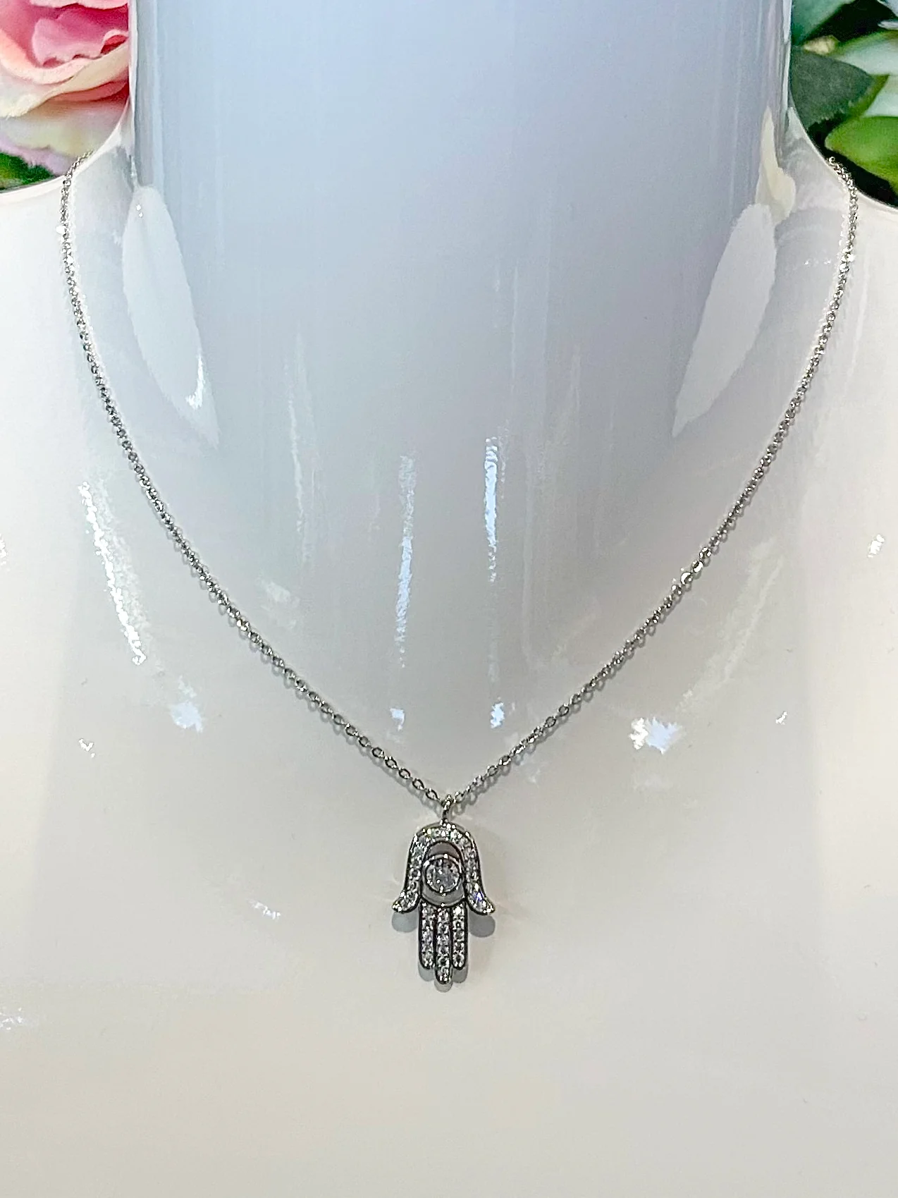 Fatima Hamsa Hand Diamante Necklace (2 Colours) - Image 4