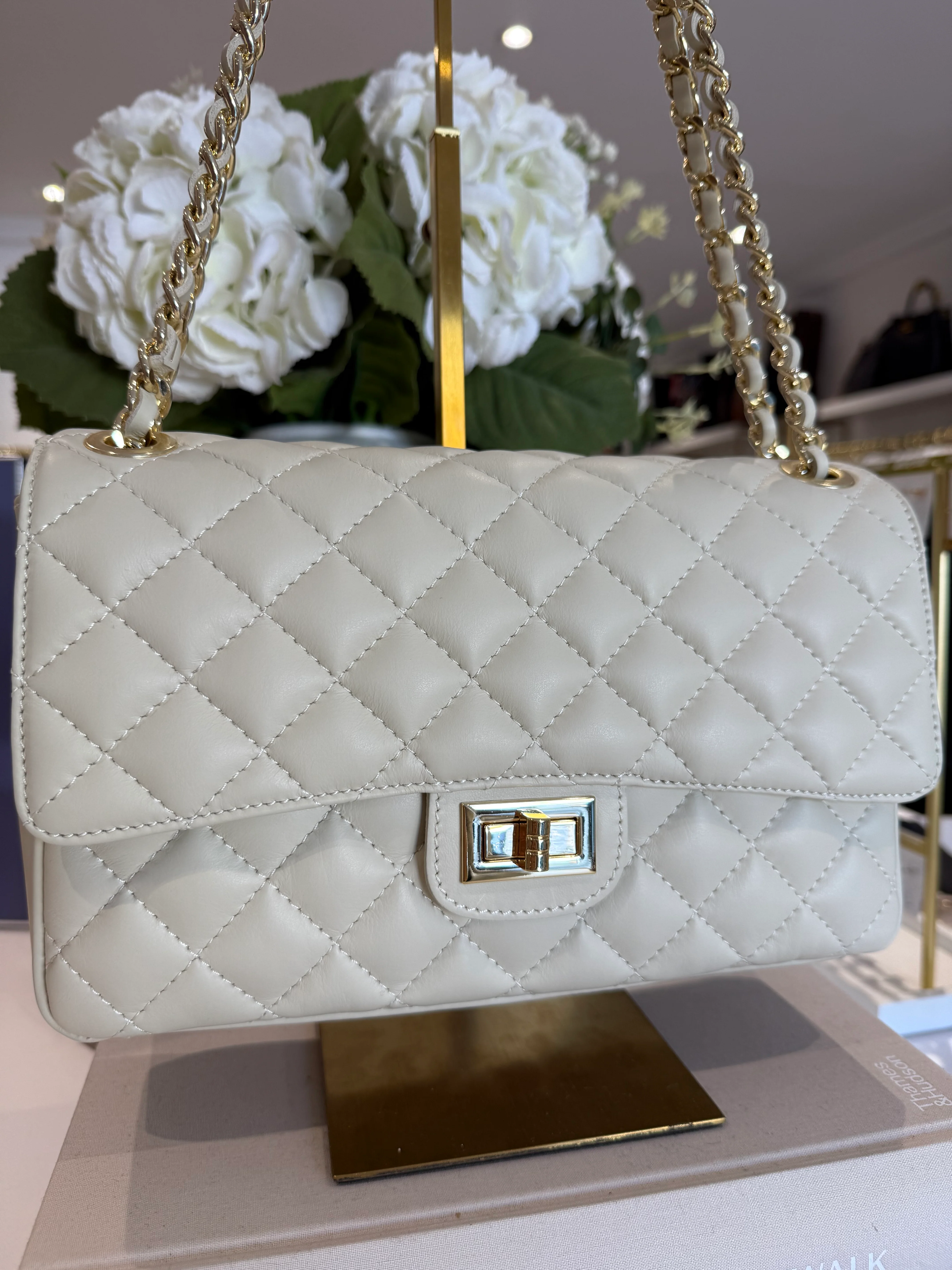 Large Genuine Leather Quilted Turn Lock Chain Handle Handbag (8 Colours) - Image 11