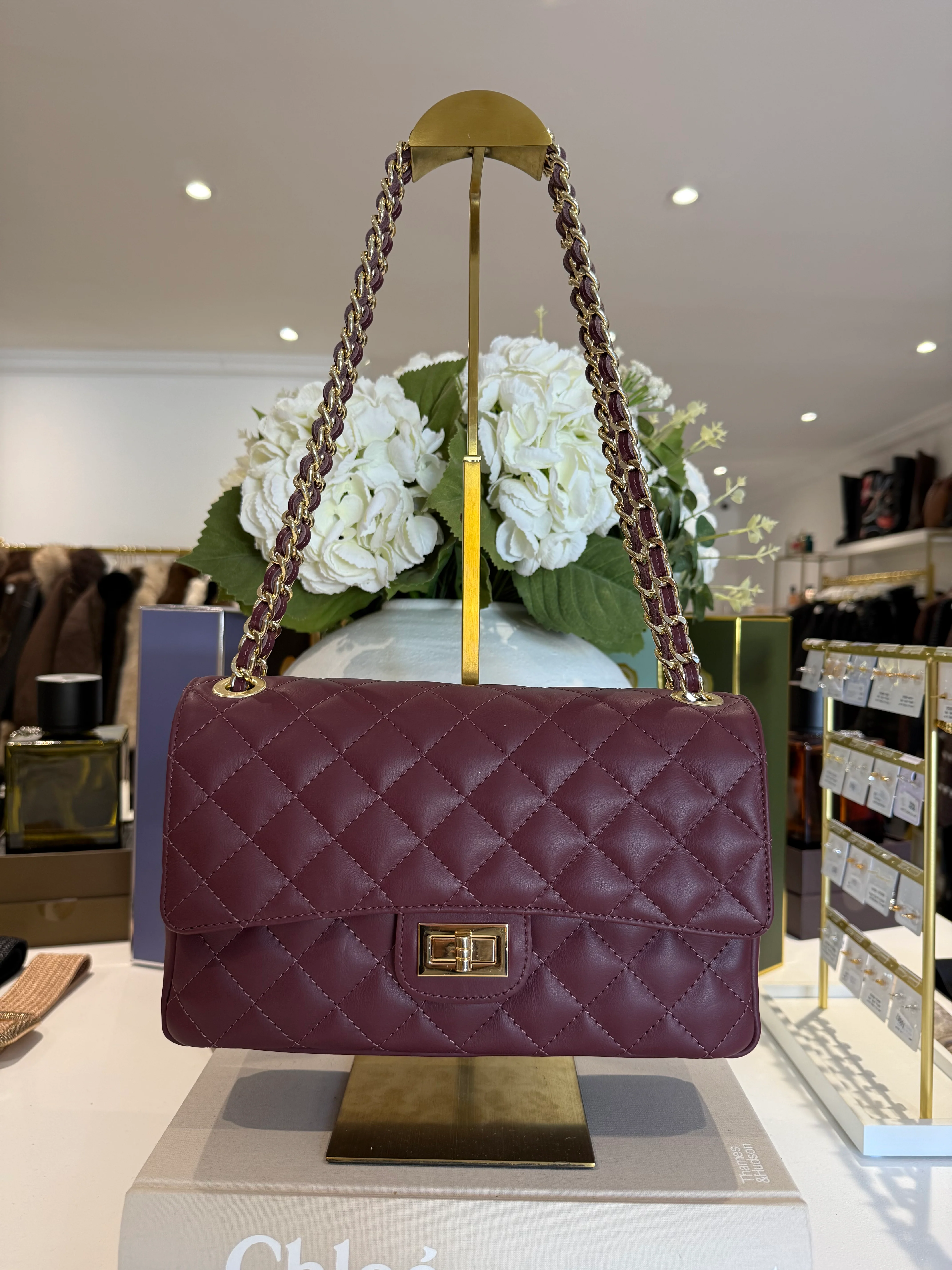 Large Genuine Leather Quilted Turn Lock Chain Handle Handbag (8 Colours) - Image 12