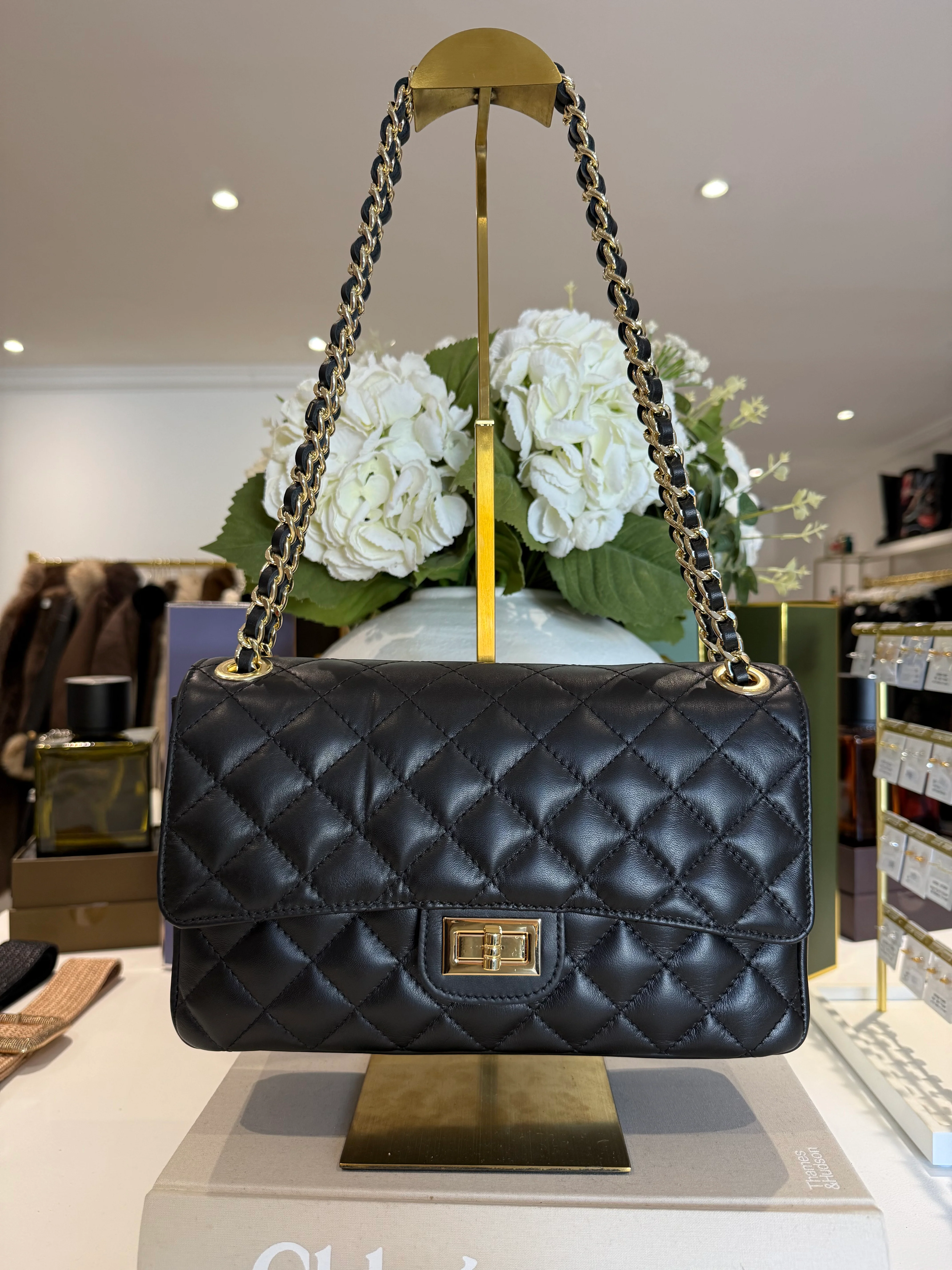 Large Genuine Leather Quilted Turn Lock Chain Handle Handbag (8 Colours) - Image 13