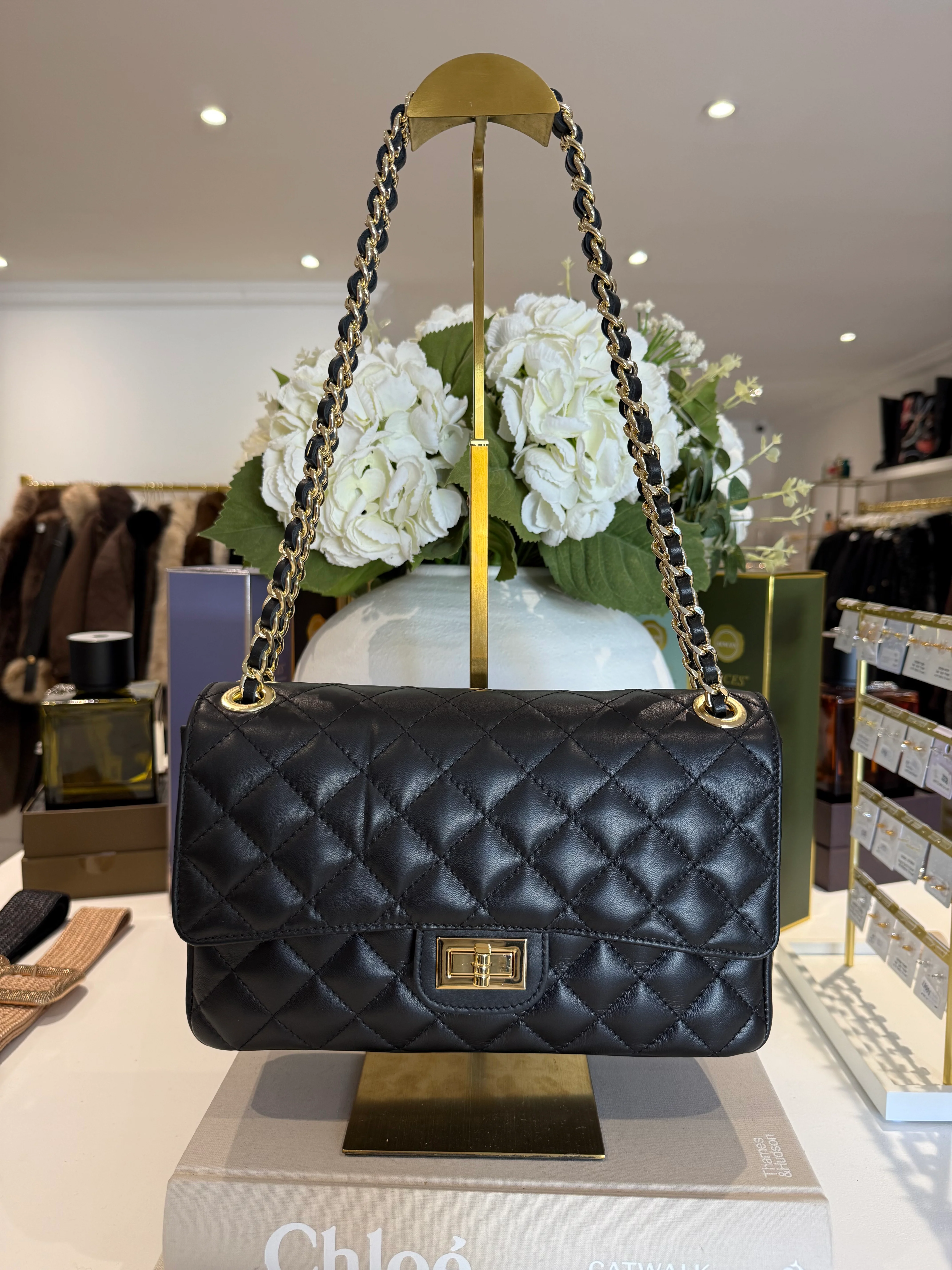 Large Genuine Leather Quilted Turn Lock Chain Handle Handbag (8 Colours) - Image 14