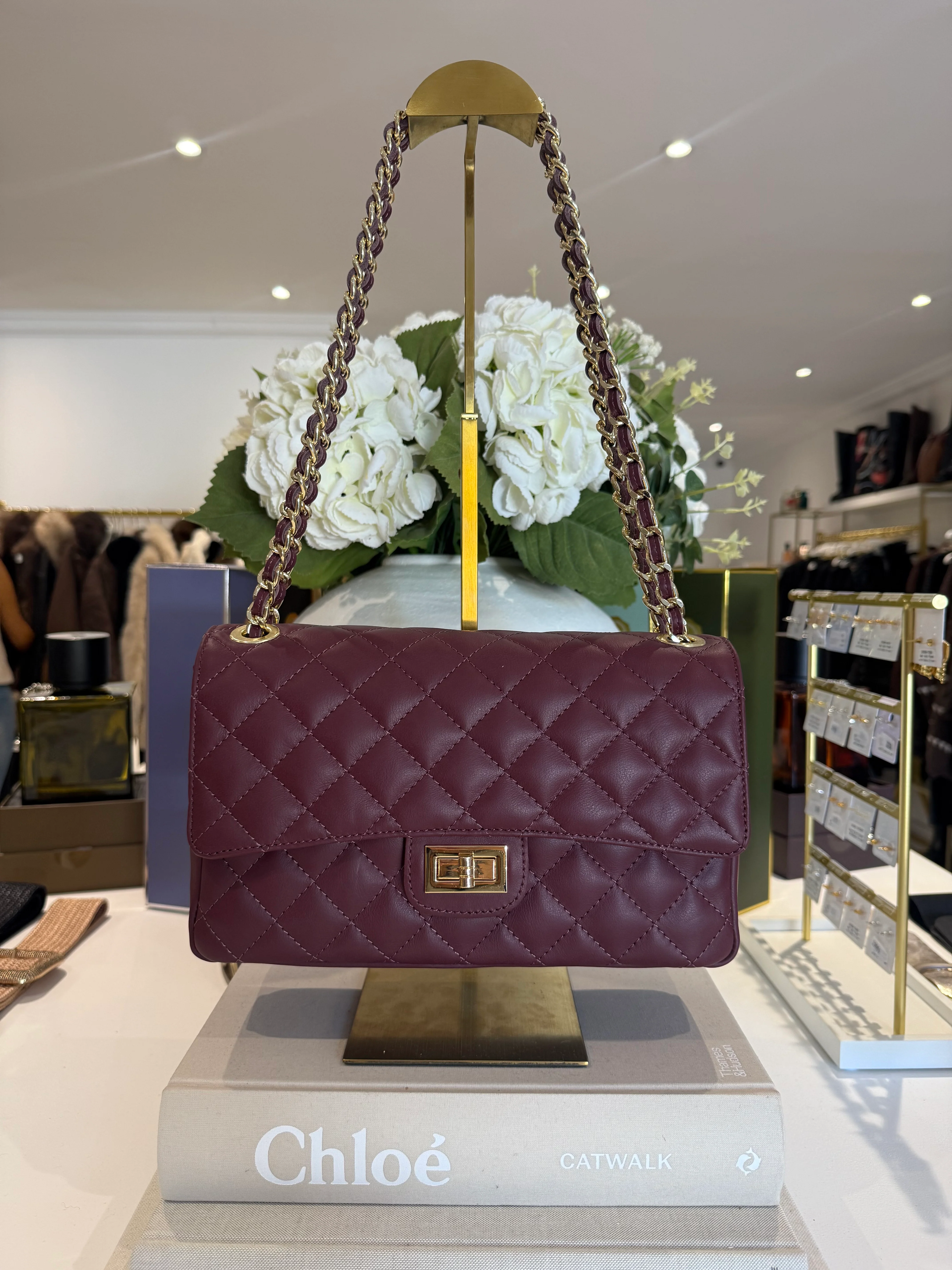 Large Genuine Leather Quilted Turn Lock Chain Handle Handbag (8 Colours) - Image 15