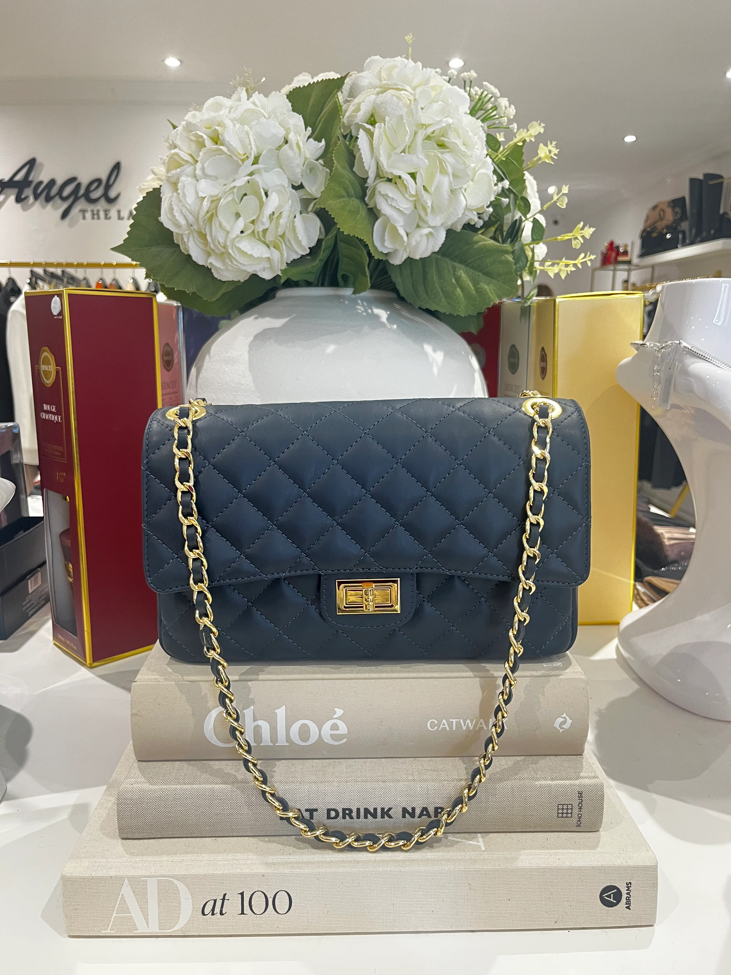 Large Genuine Leather Quilted Turn Lock Chain Handle Handbag (8 Colours) - Image 16