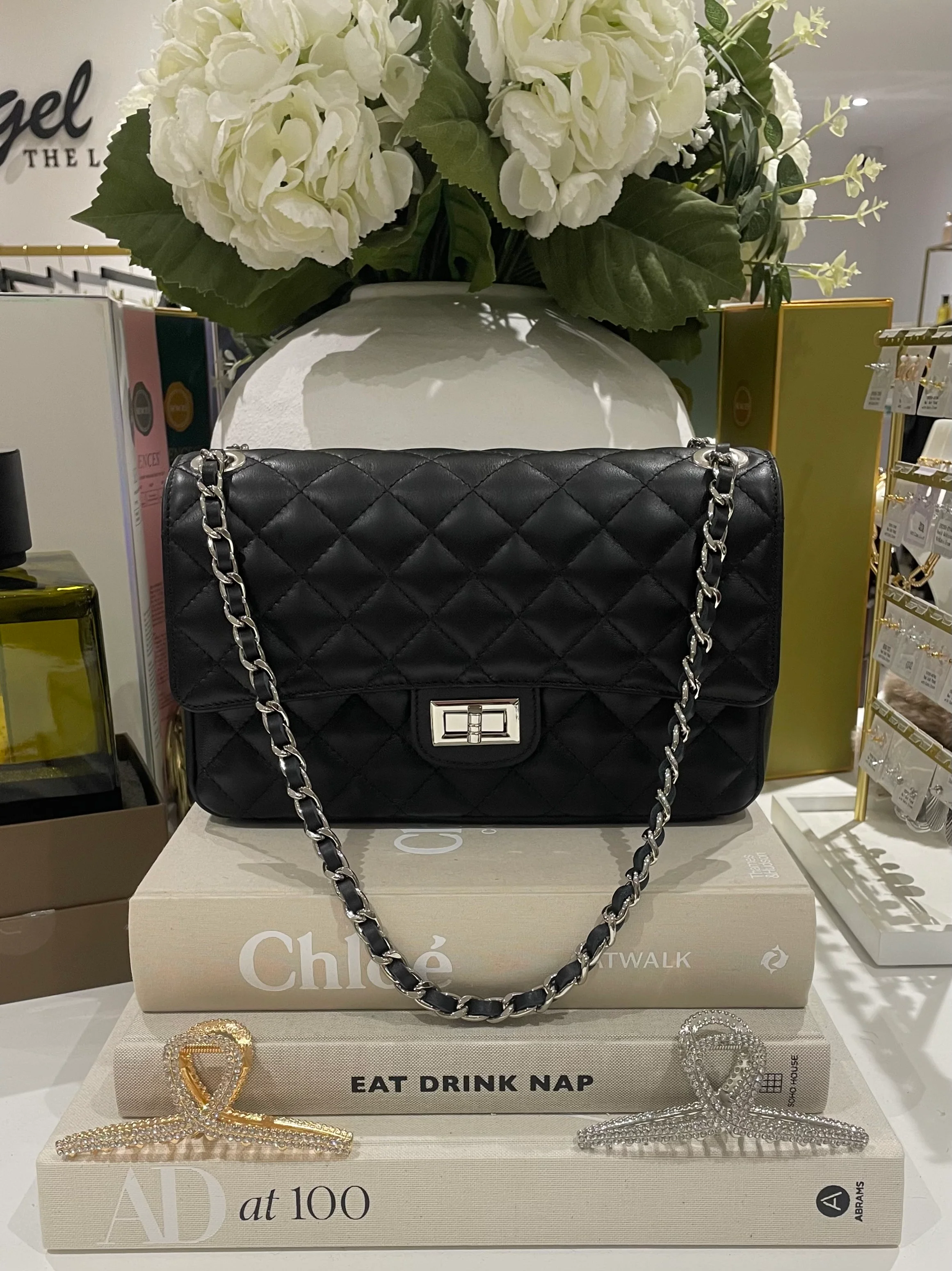 Large Genuine Leather Quilted Turn Lock Chain Handle Handbag (8 Colours) - Image 3