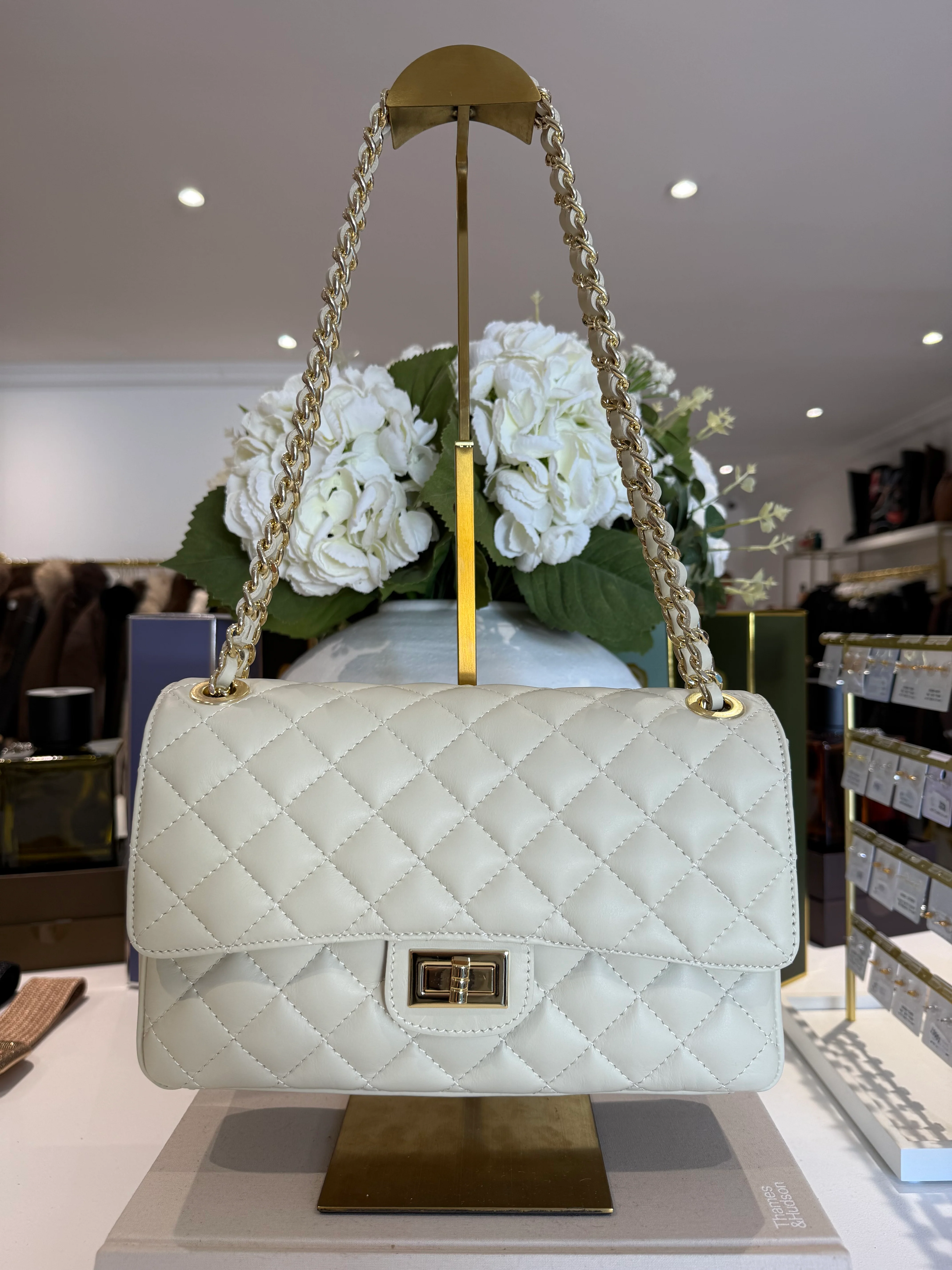 Large Genuine Leather Quilted Turn Lock Chain Handle Handbag (8 Colours) - Image 4