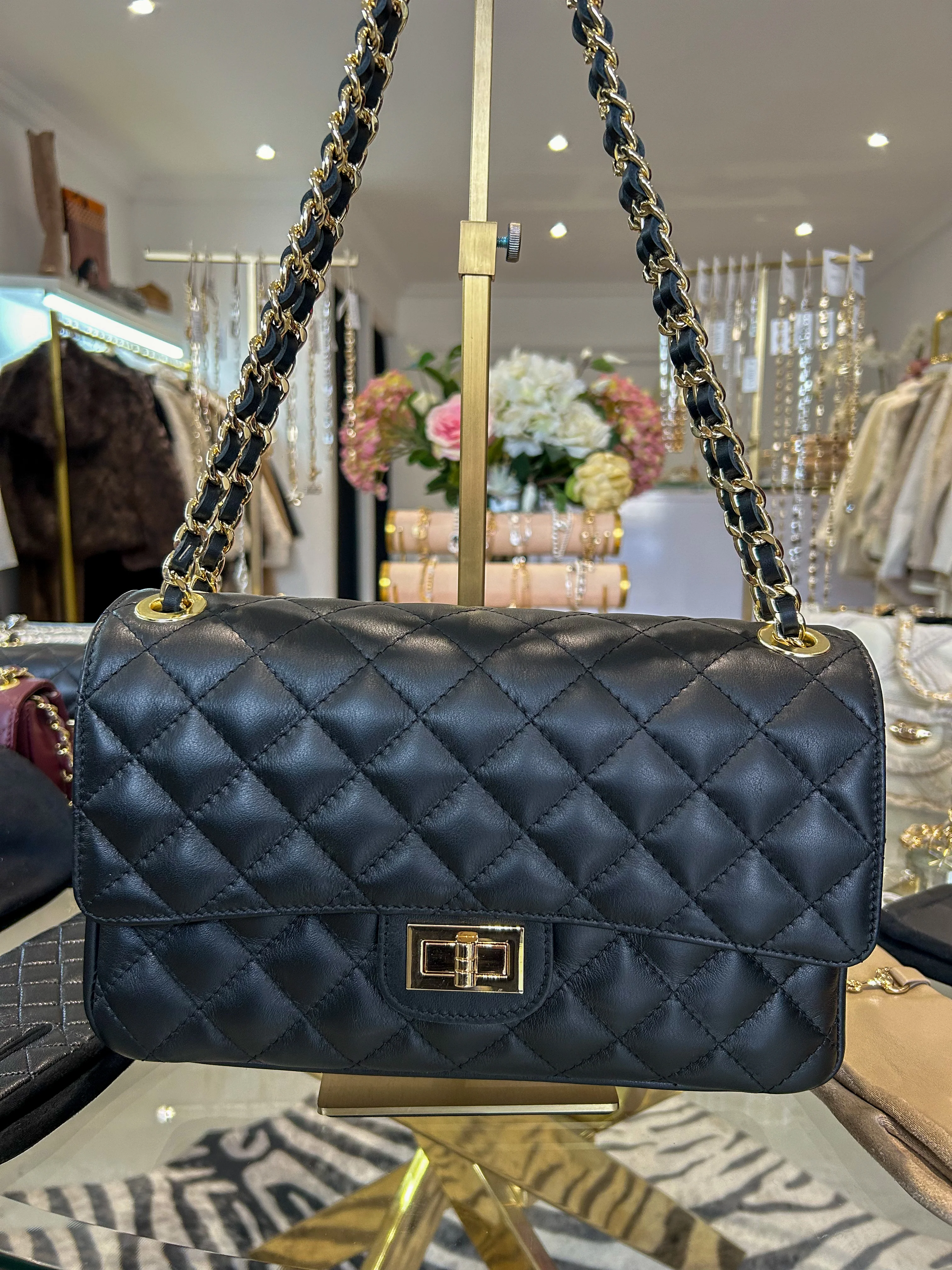 Large Genuine Leather Quilted Turn Lock Chain Handle Handbag (8 Colours) - Image 5