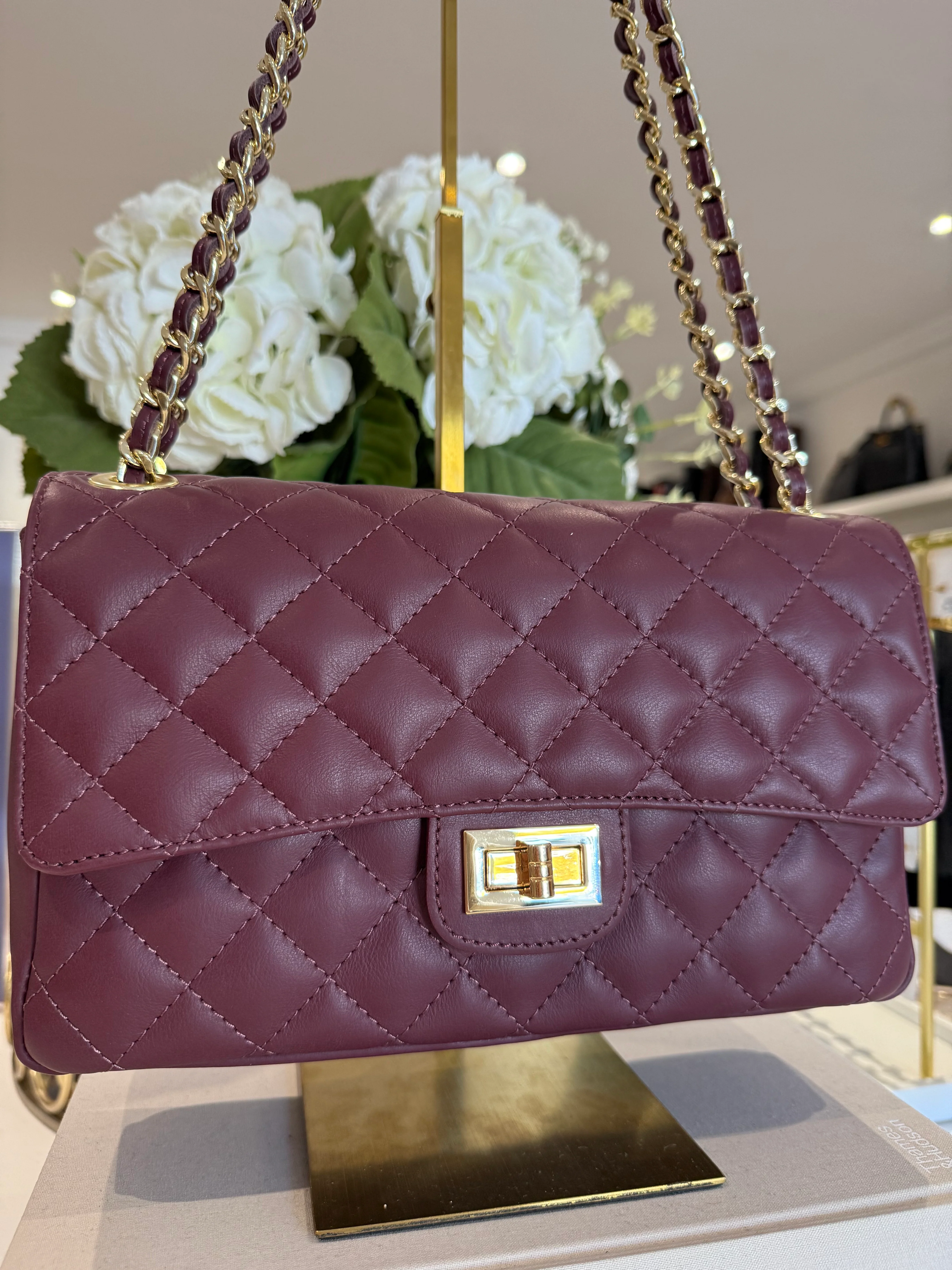 Large Genuine Leather Quilted Turn Lock Chain Handle Handbag (8 Colours) - Image 6