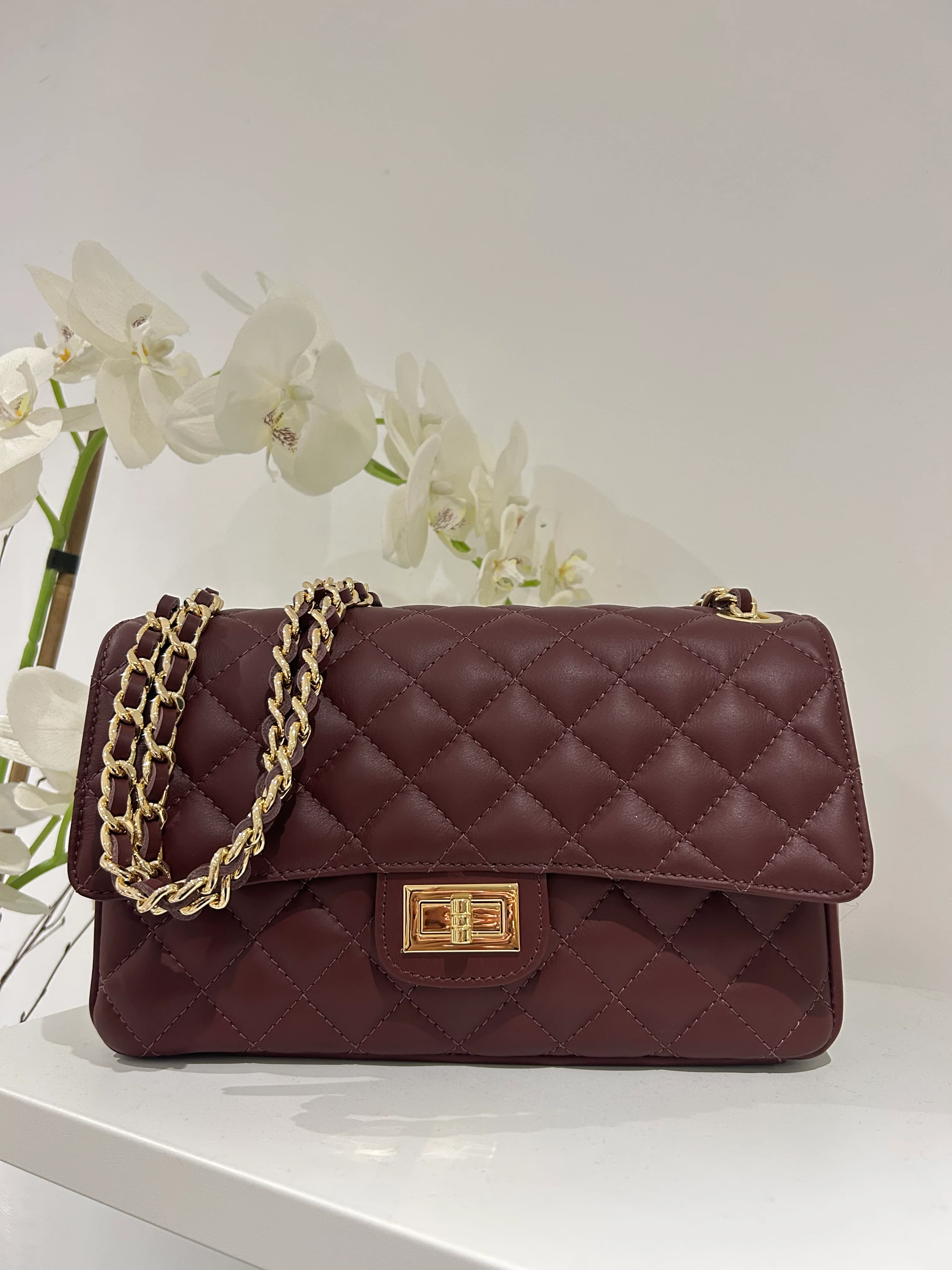 Large Genuine Leather Quilted Turn Lock Chain Handle Handbag (8 Colours) - Image 7