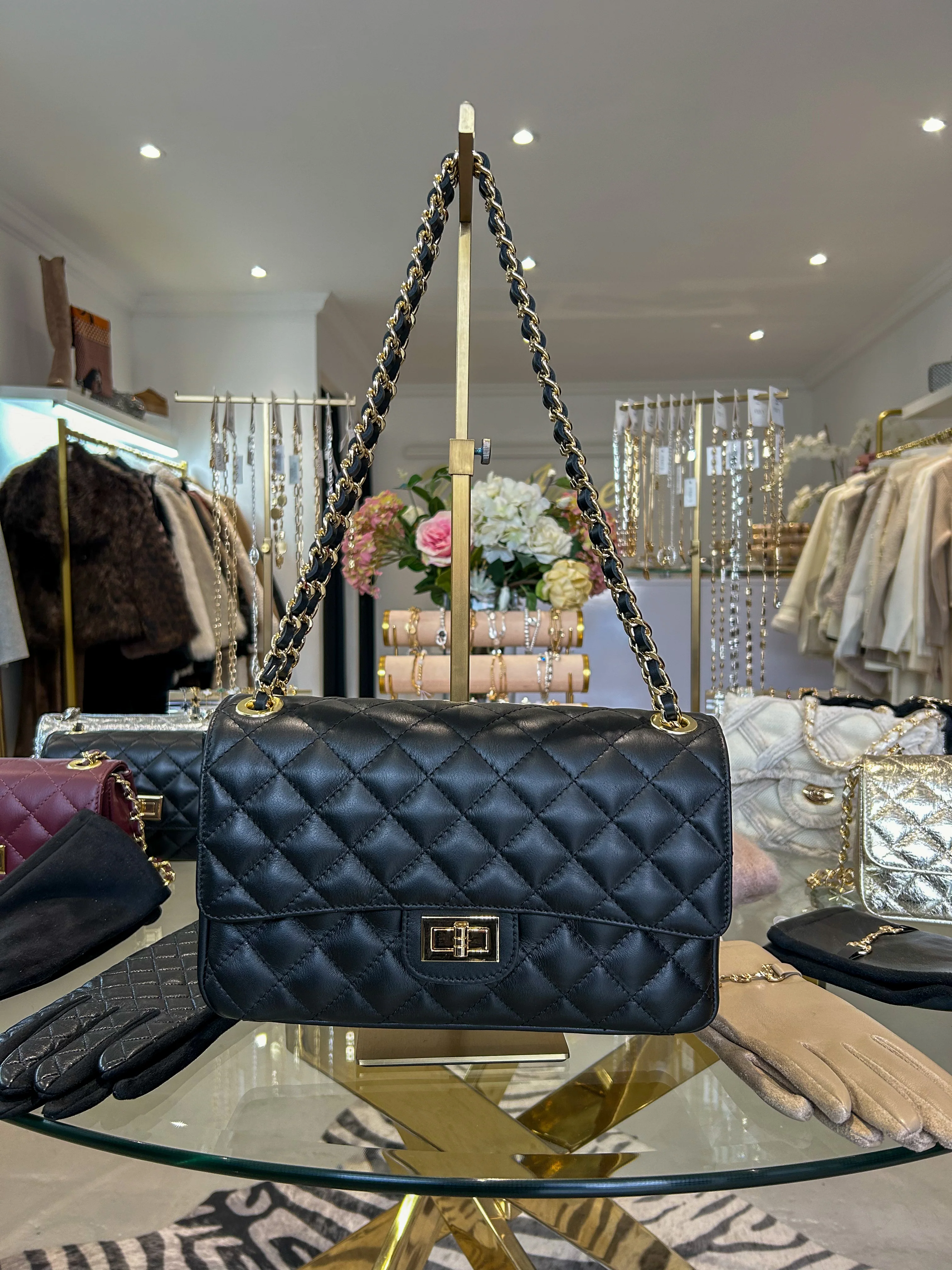 Large Genuine Leather Quilted Turn Lock Chain Handle Handbag (8 Colours) - Image 8