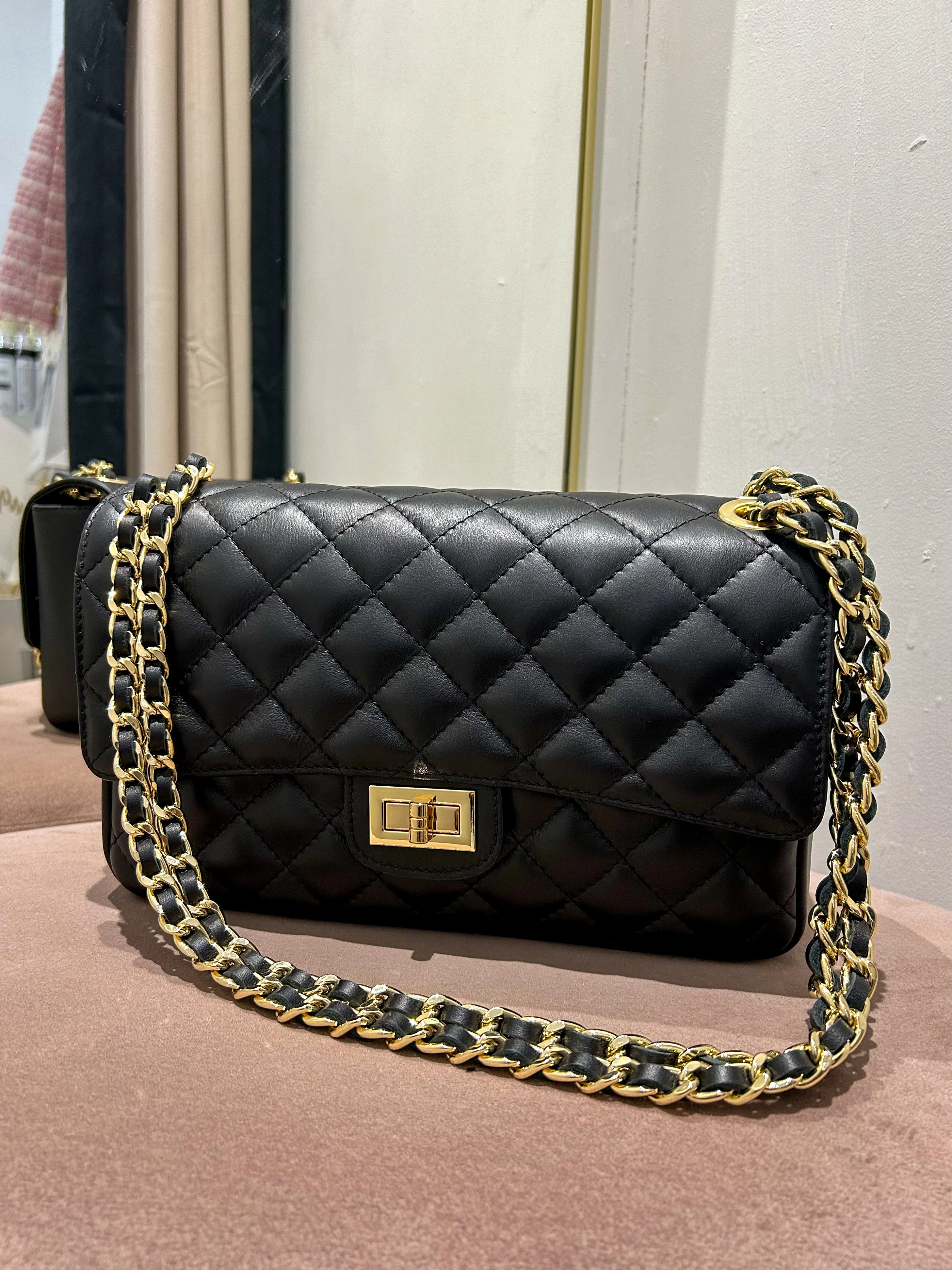 Large Genuine Leather Quilted Turn Lock Chain Handle Handbag (8 Colours) - Image 9