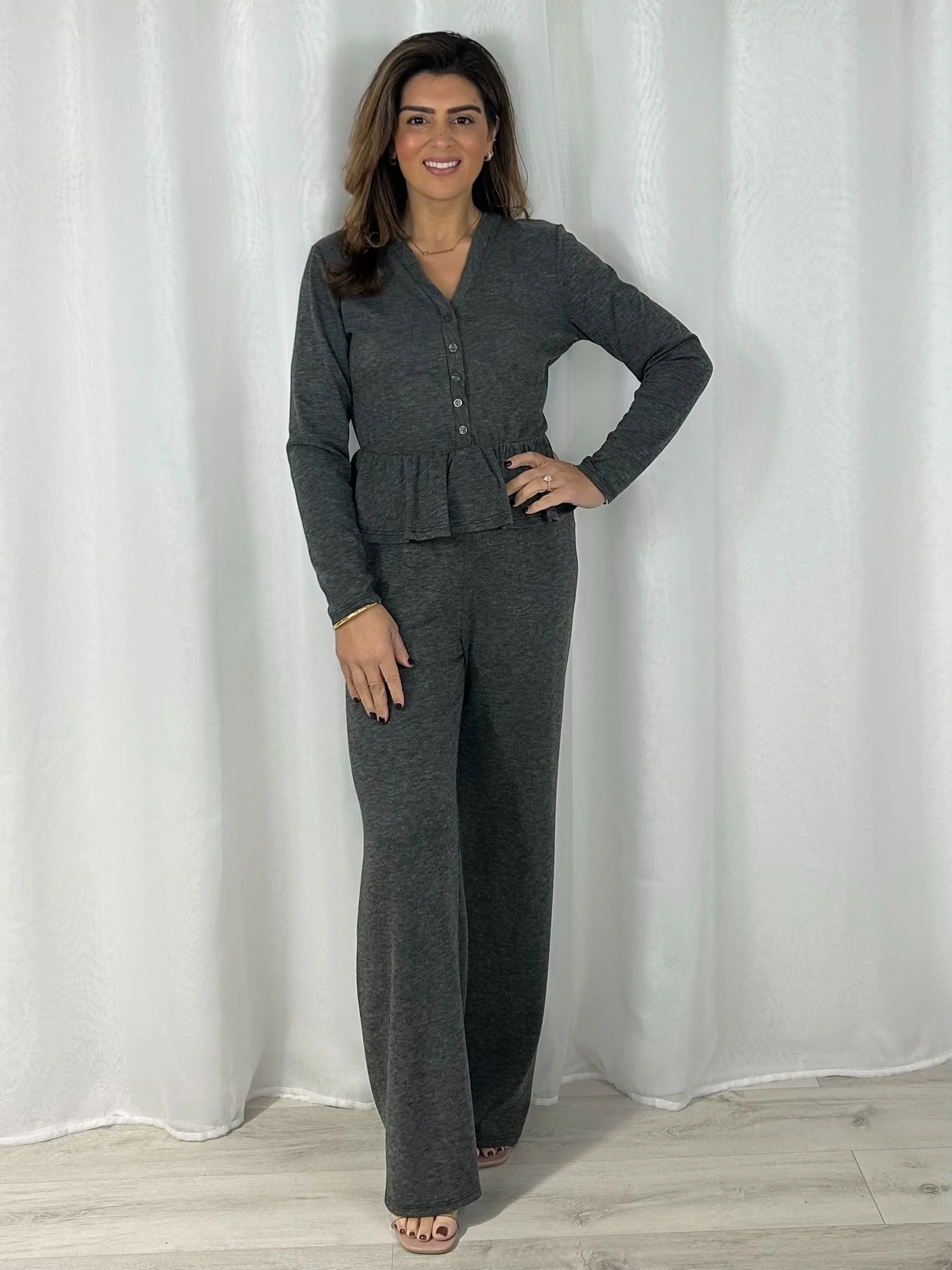 Long Sleeve Peplum V-Neck Top & Straight Leg Trouser Co-Ord (3 Colours) - Image 3