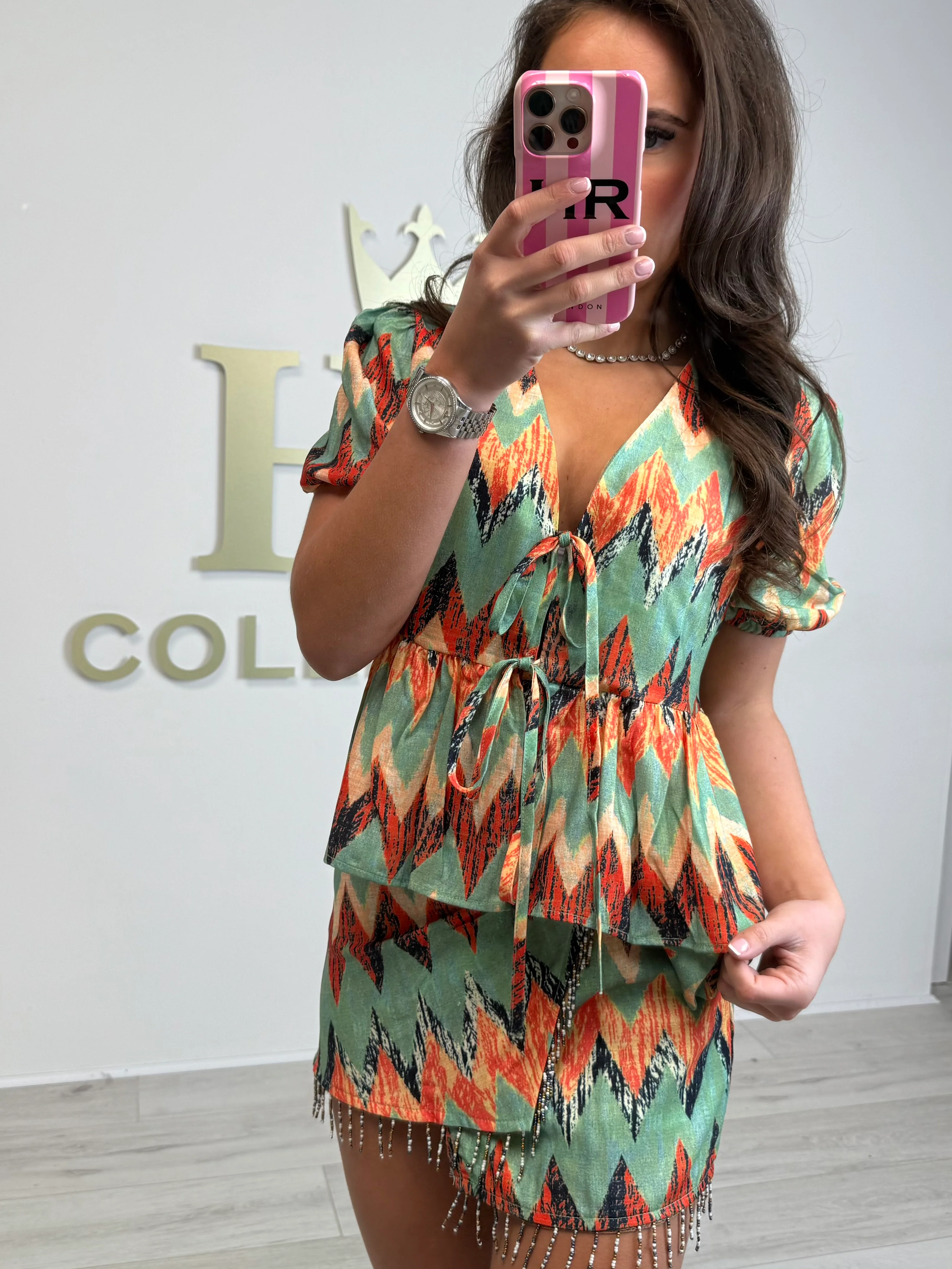 Puff Sleeve Tie Up Peplum Top & Tassel Wrap Skort Co-ord (2 Colours) - Image 6