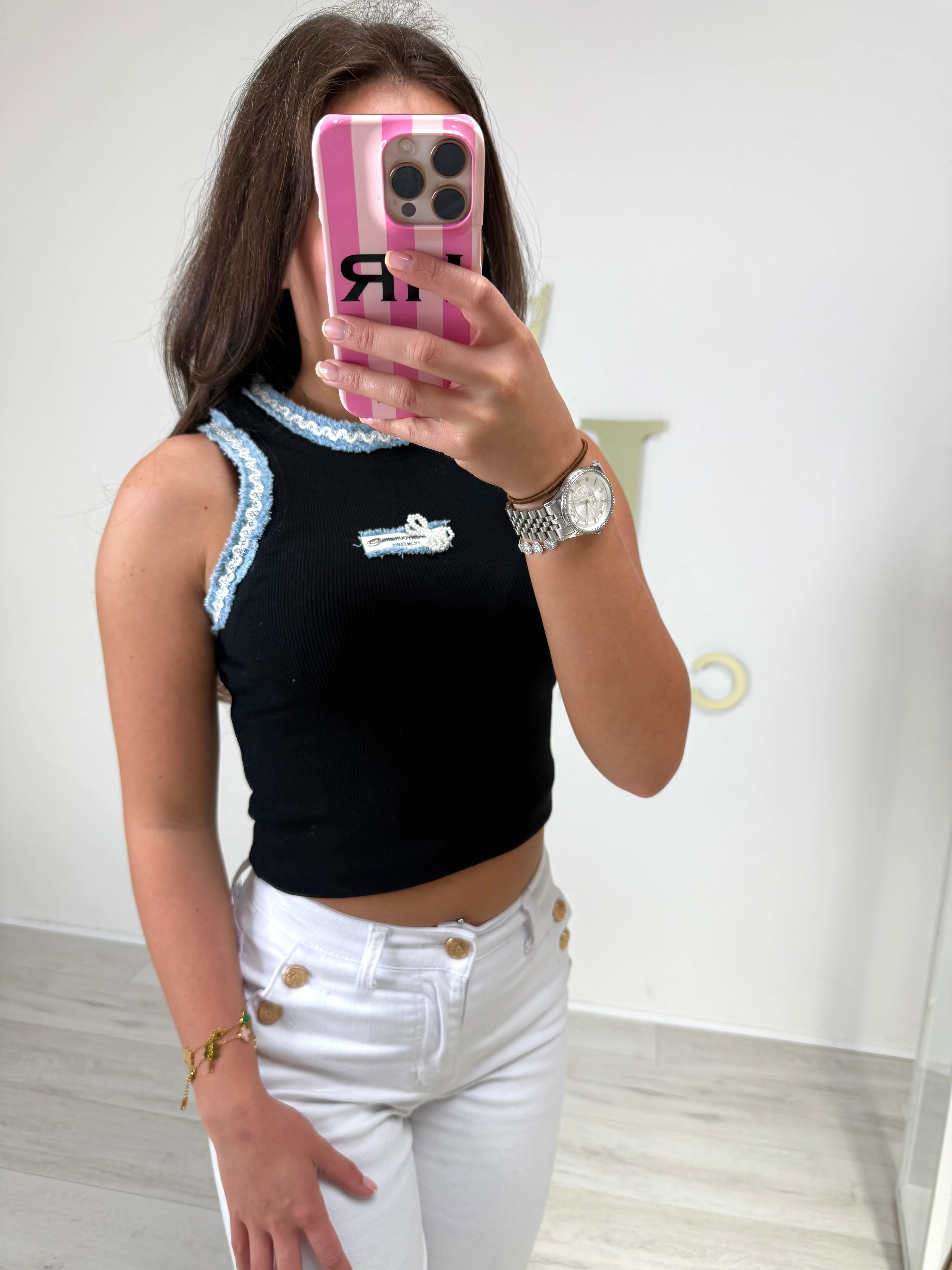 Racer Style Denim Trim Badge Detail Vest Top (2 Colours) - Image 4