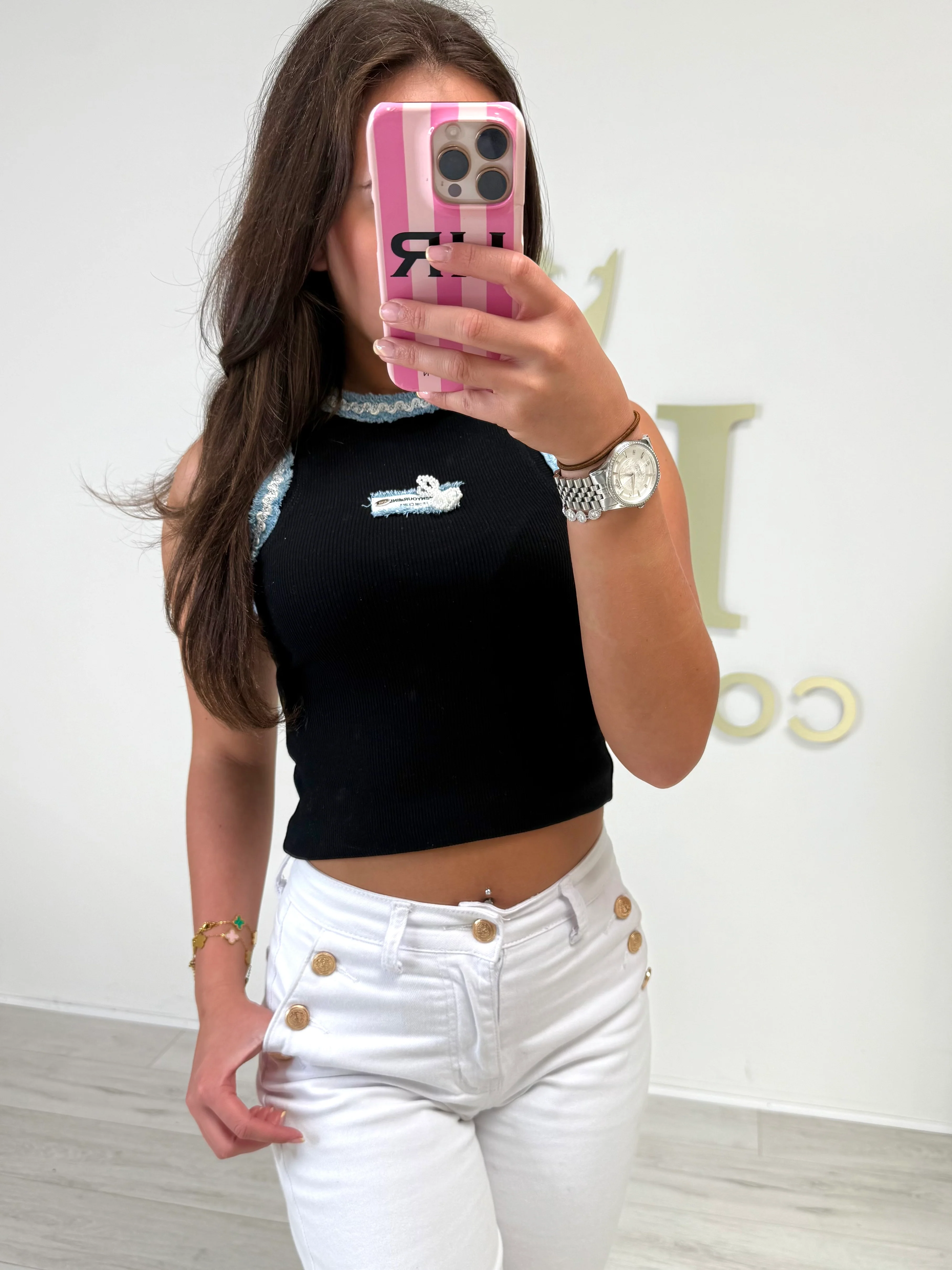 Racer Style Denim Trim Badge Detail Vest Top (2 Colours) - Image 7