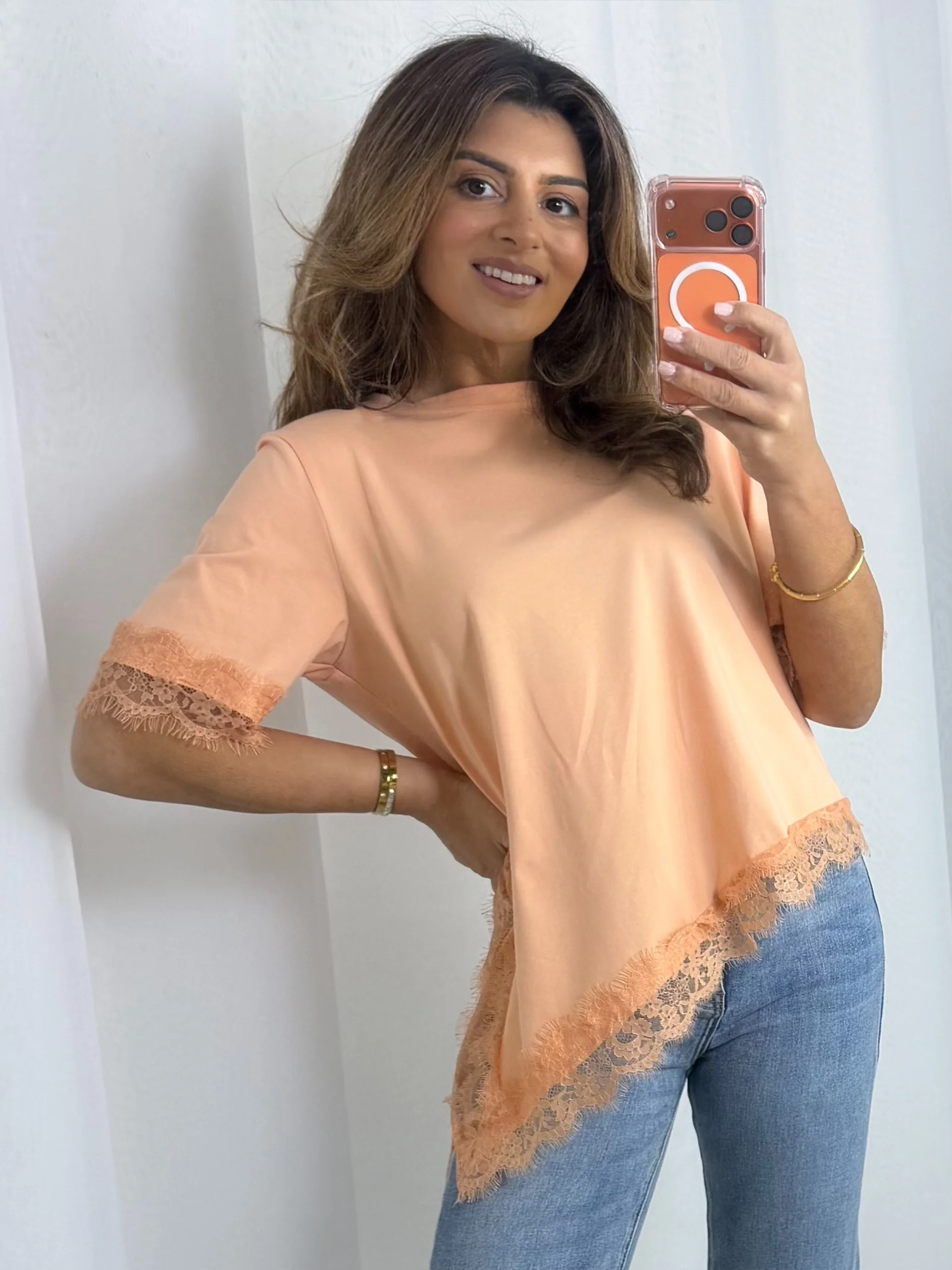 Round Neck Lace Trim Asymmetric Bottom Top (8 Colours) - Image 17