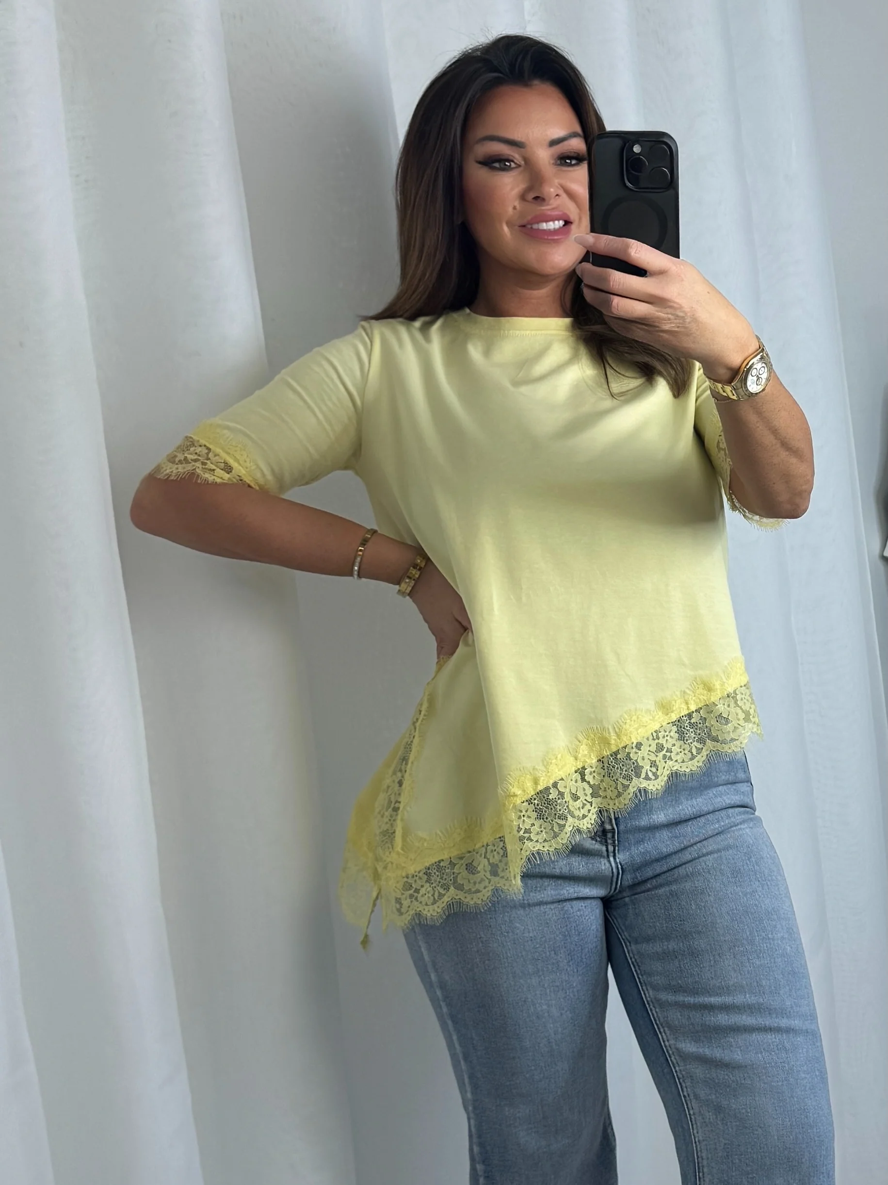 Round Neck Lace Trim Asymmetric Bottom Top (8 Colours) - Image 18