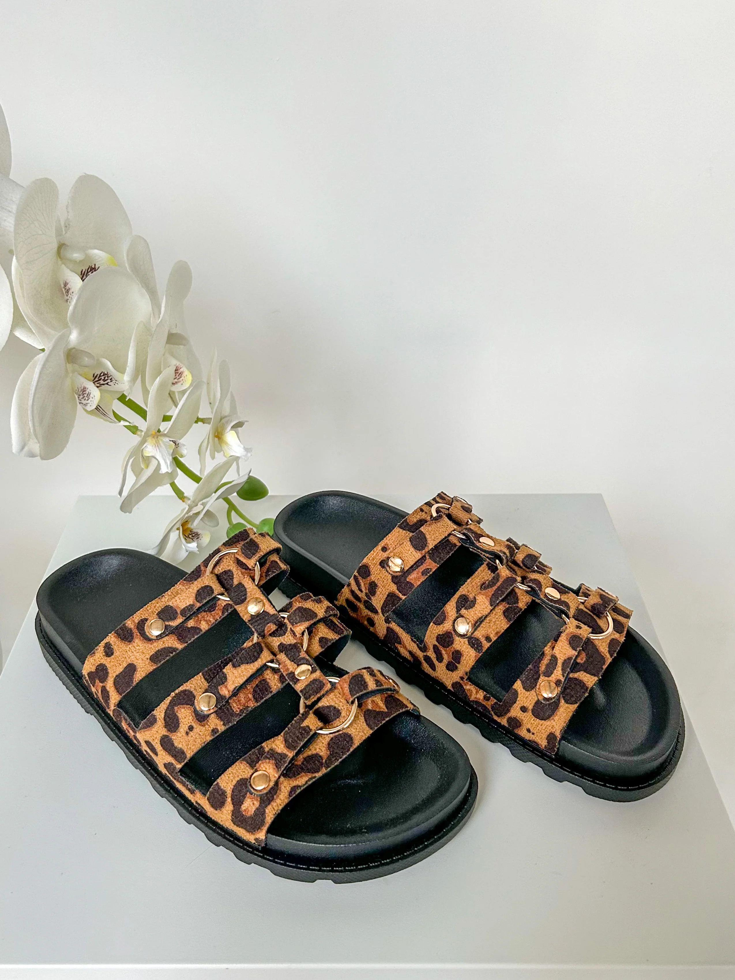 Triple Strap Sandals With Gold Circle Detail (3 Colours) - Image 11