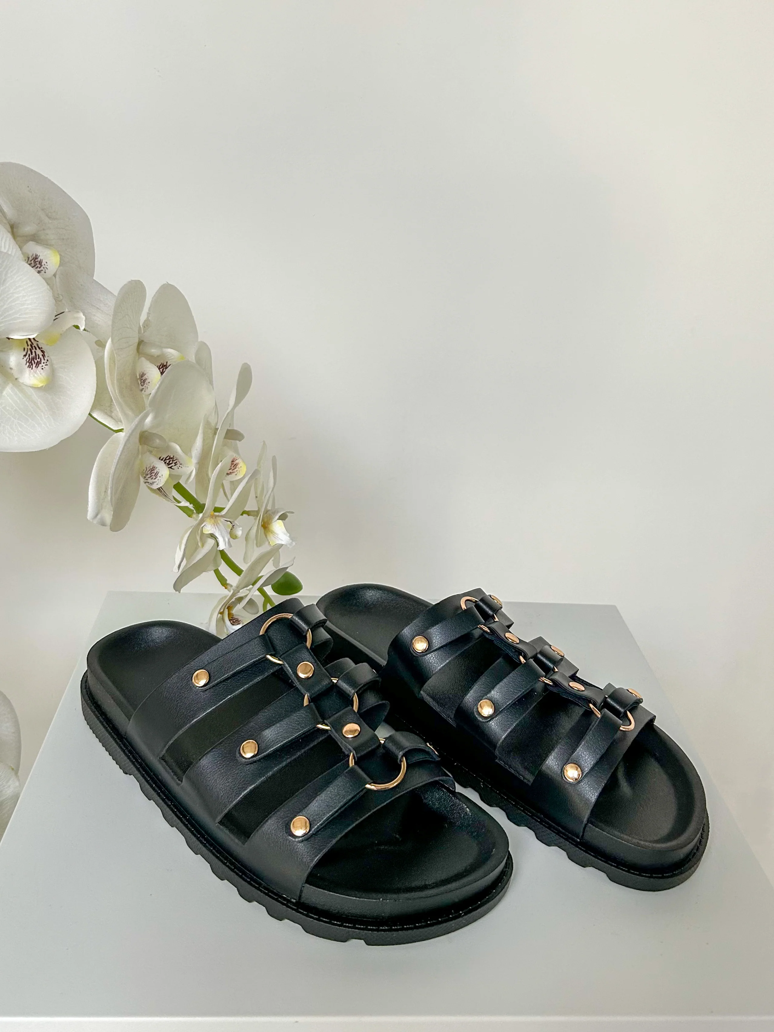 Triple Strap Sandals With Gold Circle Detail (3 Colours) - Image 12