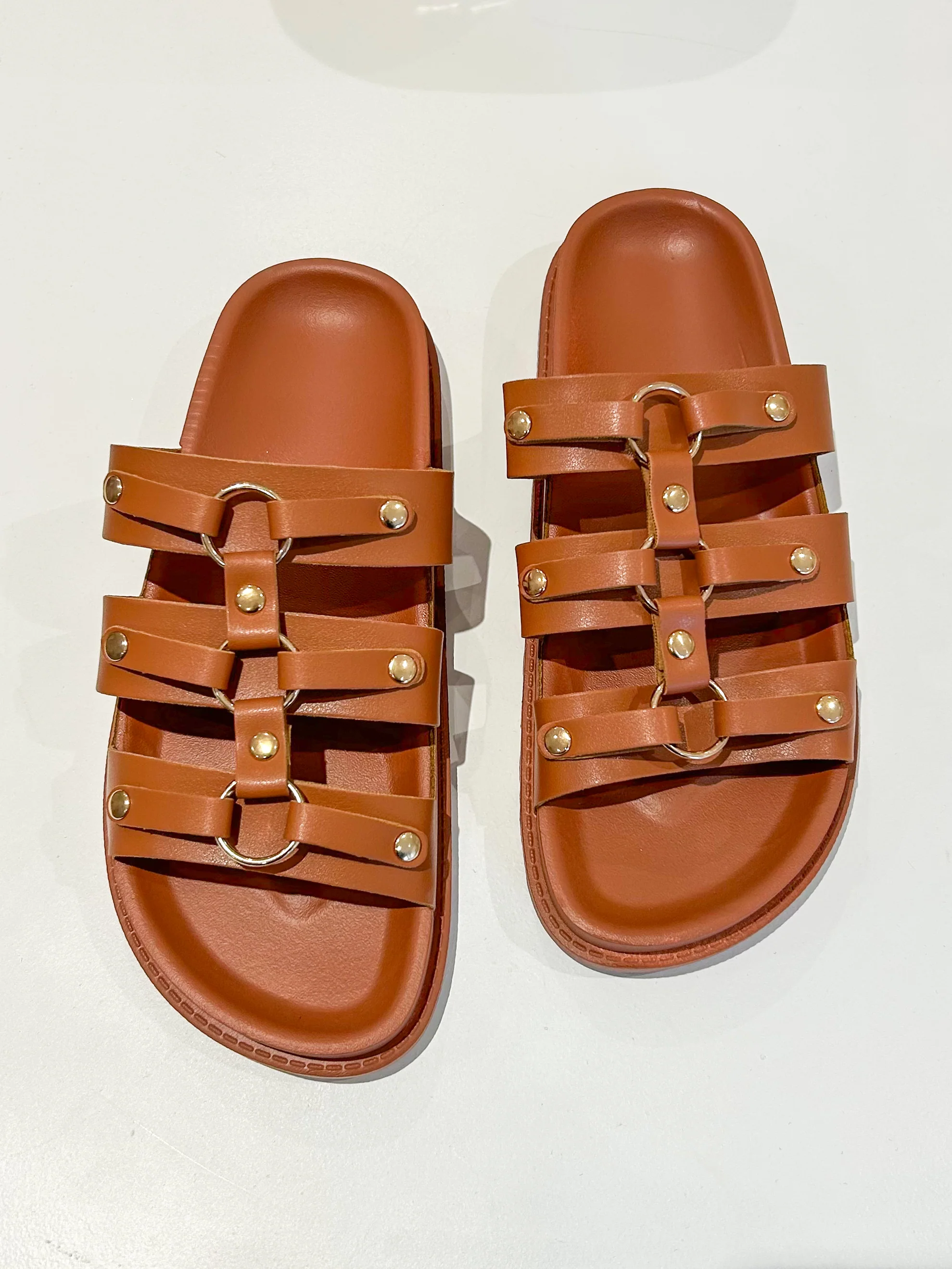 Triple Strap Sandals With Gold Circle Detail (3 Colours) - Image 4