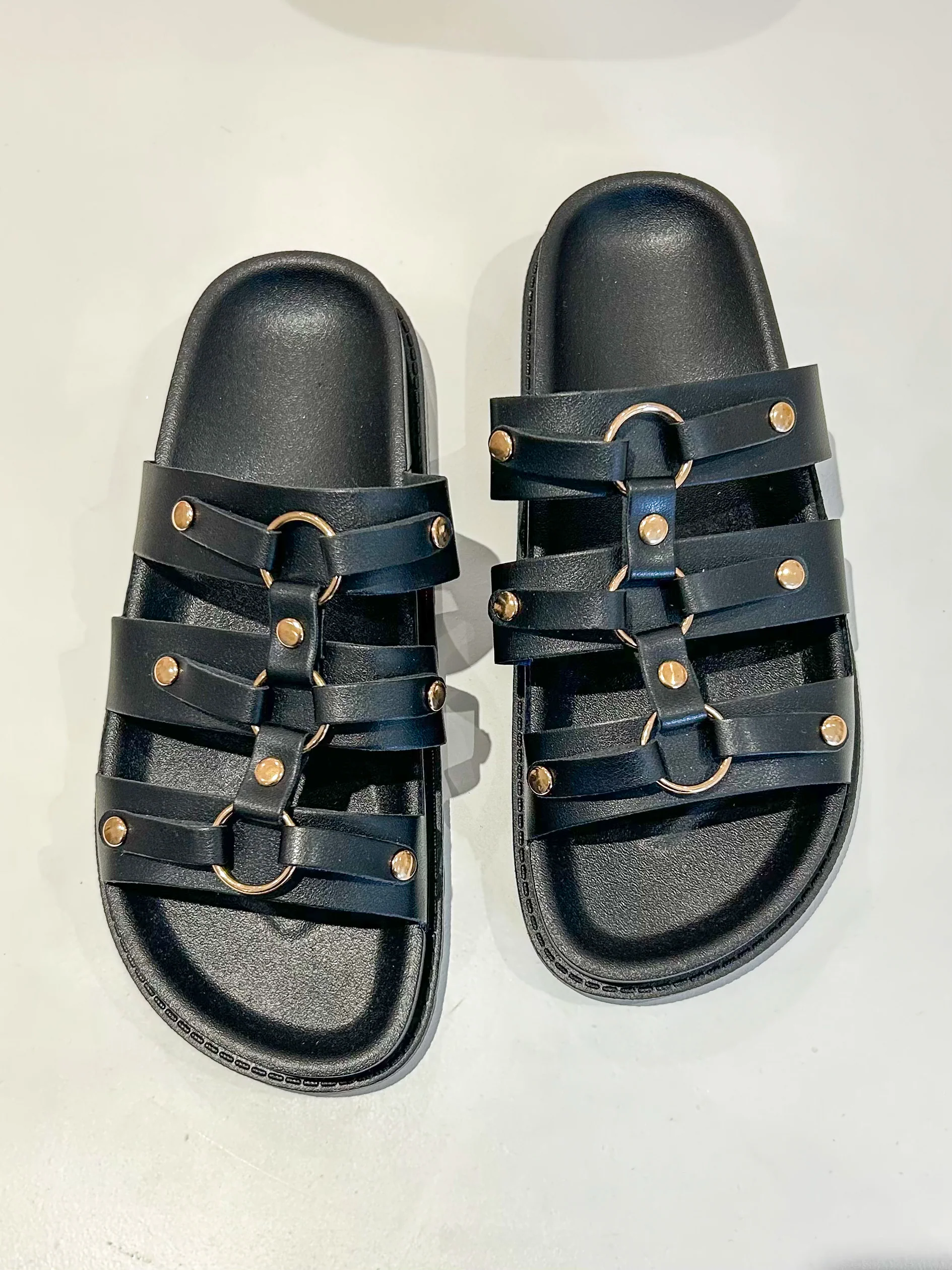 Triple Strap Sandals With Gold Circle Detail (3 Colours) - Image 6