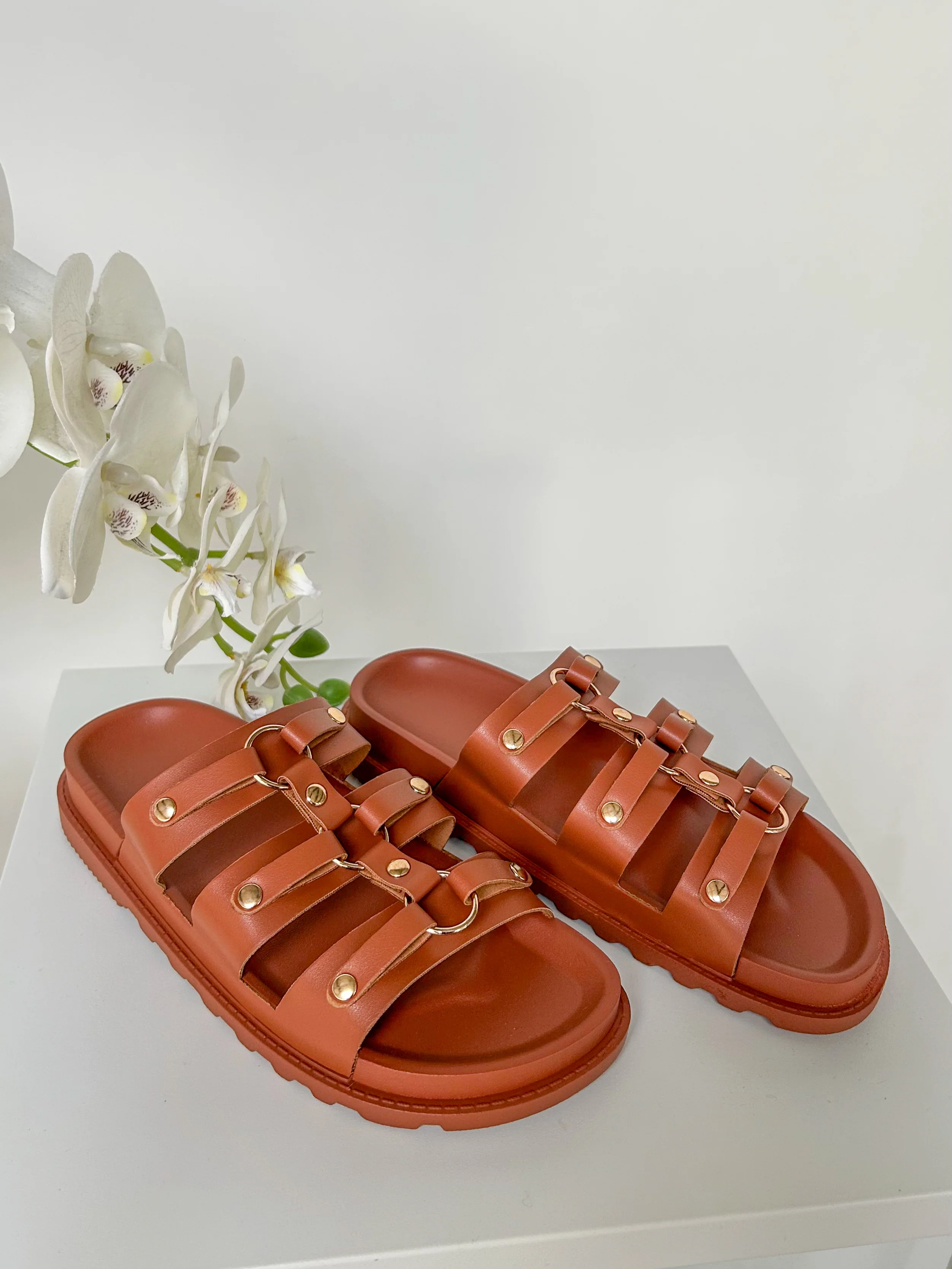 Triple Strap Sandals With Gold Circle Detail (3 Colours) - Image 7