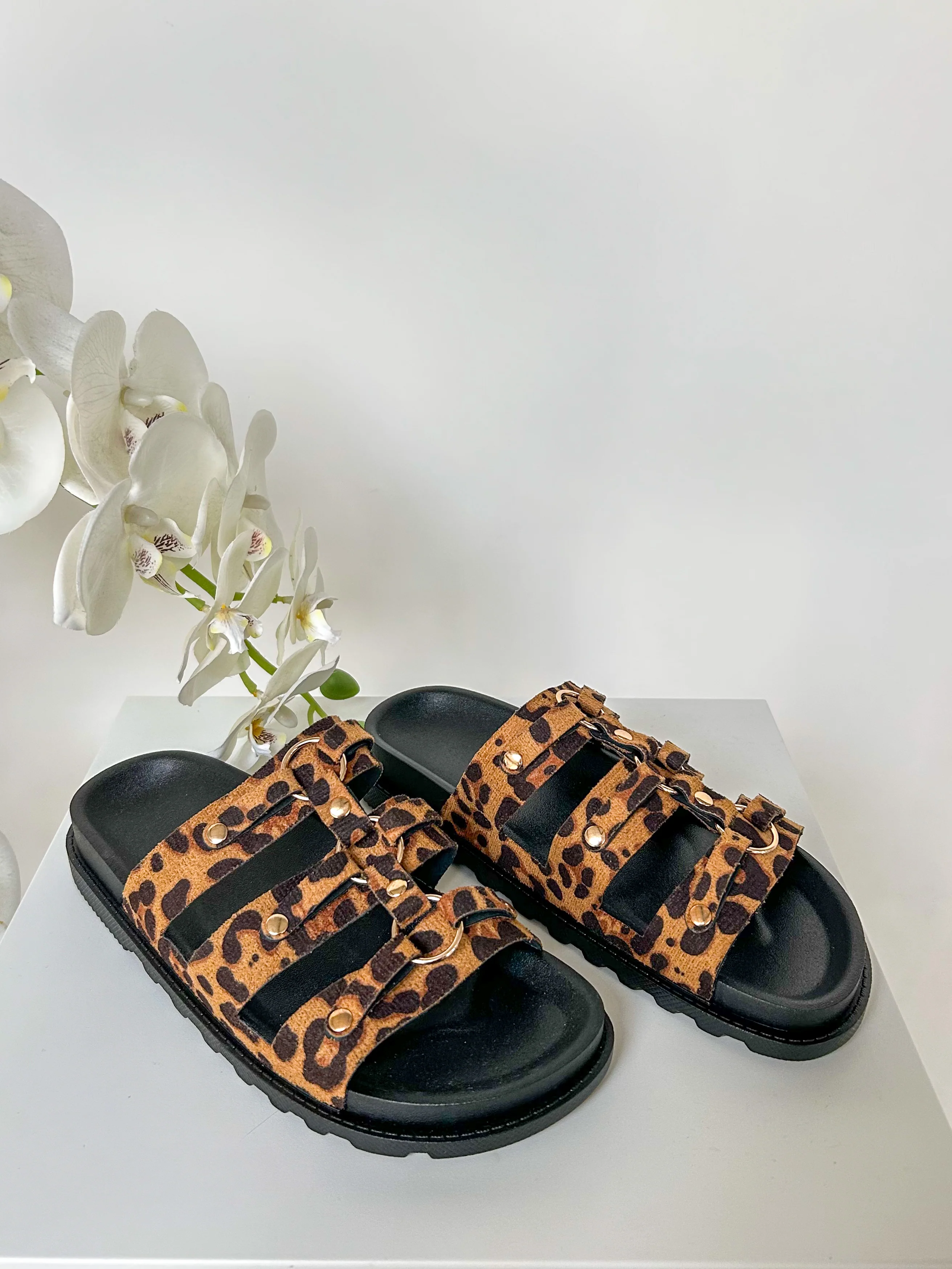 Triple Strap Sandals With Gold Circle Detail (3 Colours) - Image 8