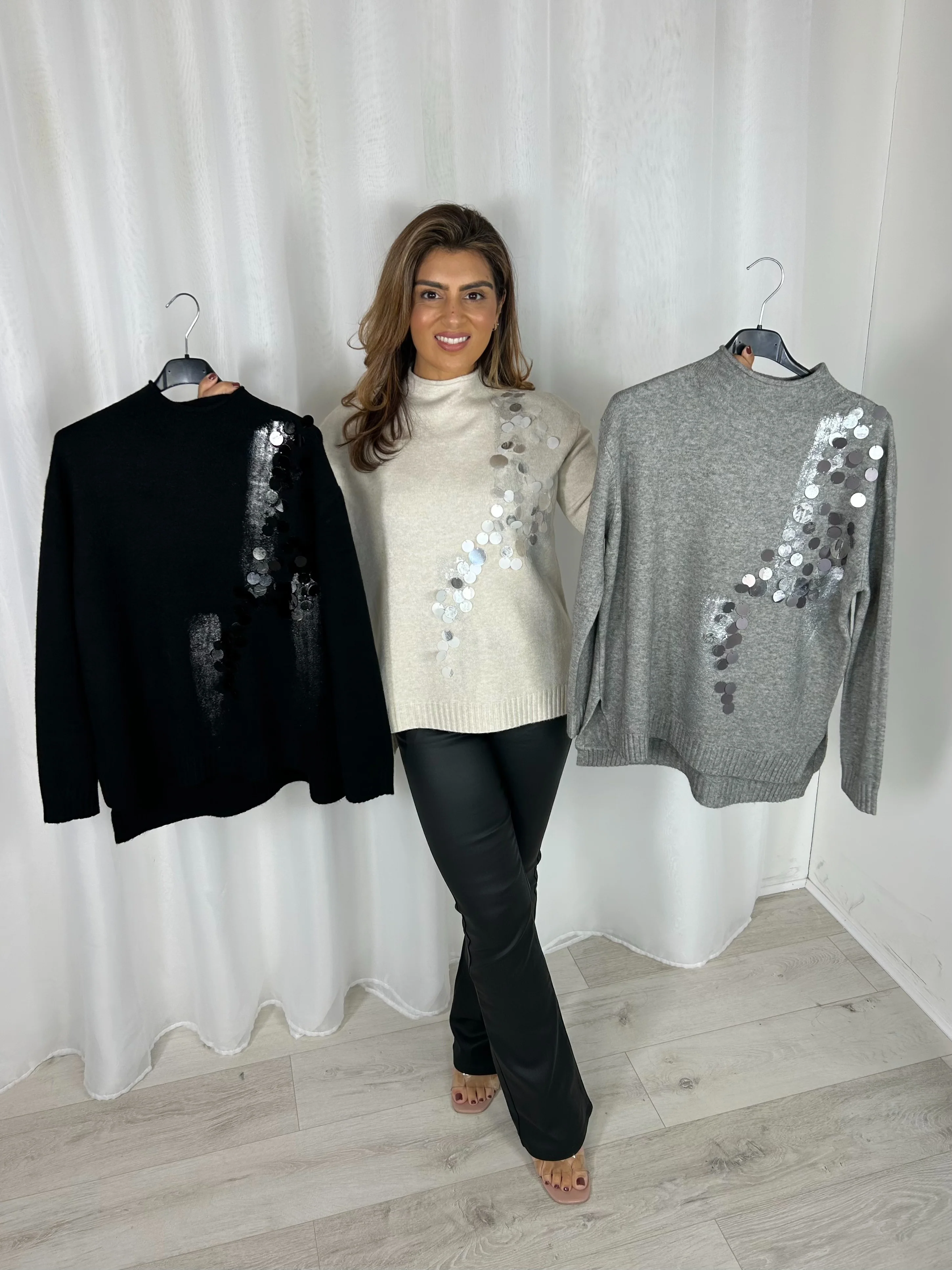 Turtle Neck Metallic Paint Effect Sequin Jumper (3 Colours) - Image 7