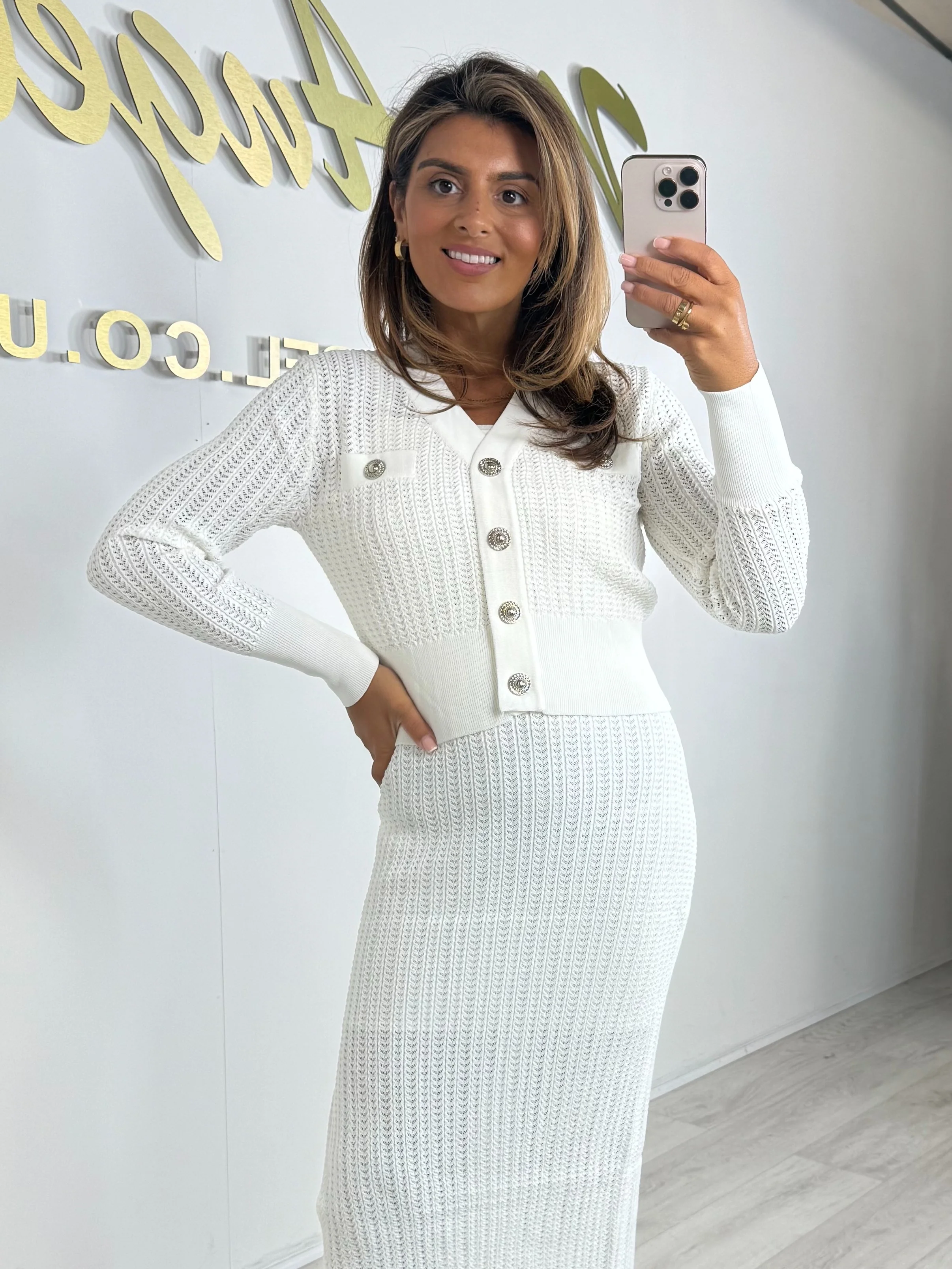 White Crochet Spaghetti Strap Dress & V-Neck Silver Hardware Cardigan - Image 3