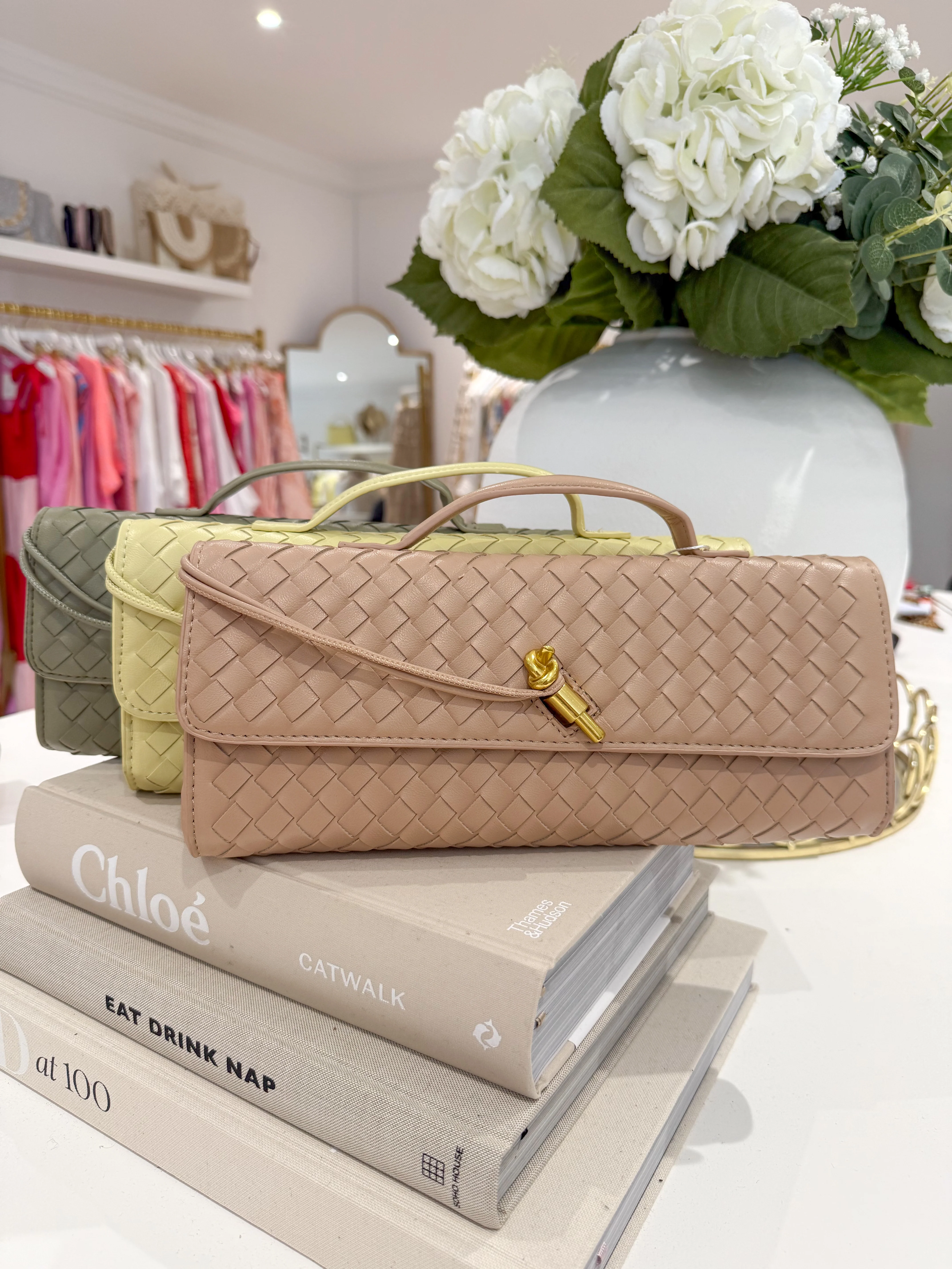 Woven Rectangle Envelope Gold Rod Fasten Clutch Bag (15 Colours) - Image 13